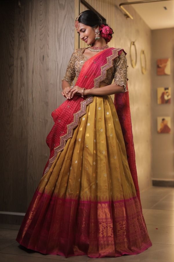 Beautiful Kanjiveram Silk Pure Zari HALF Saree with Blouse Along With Dupptta