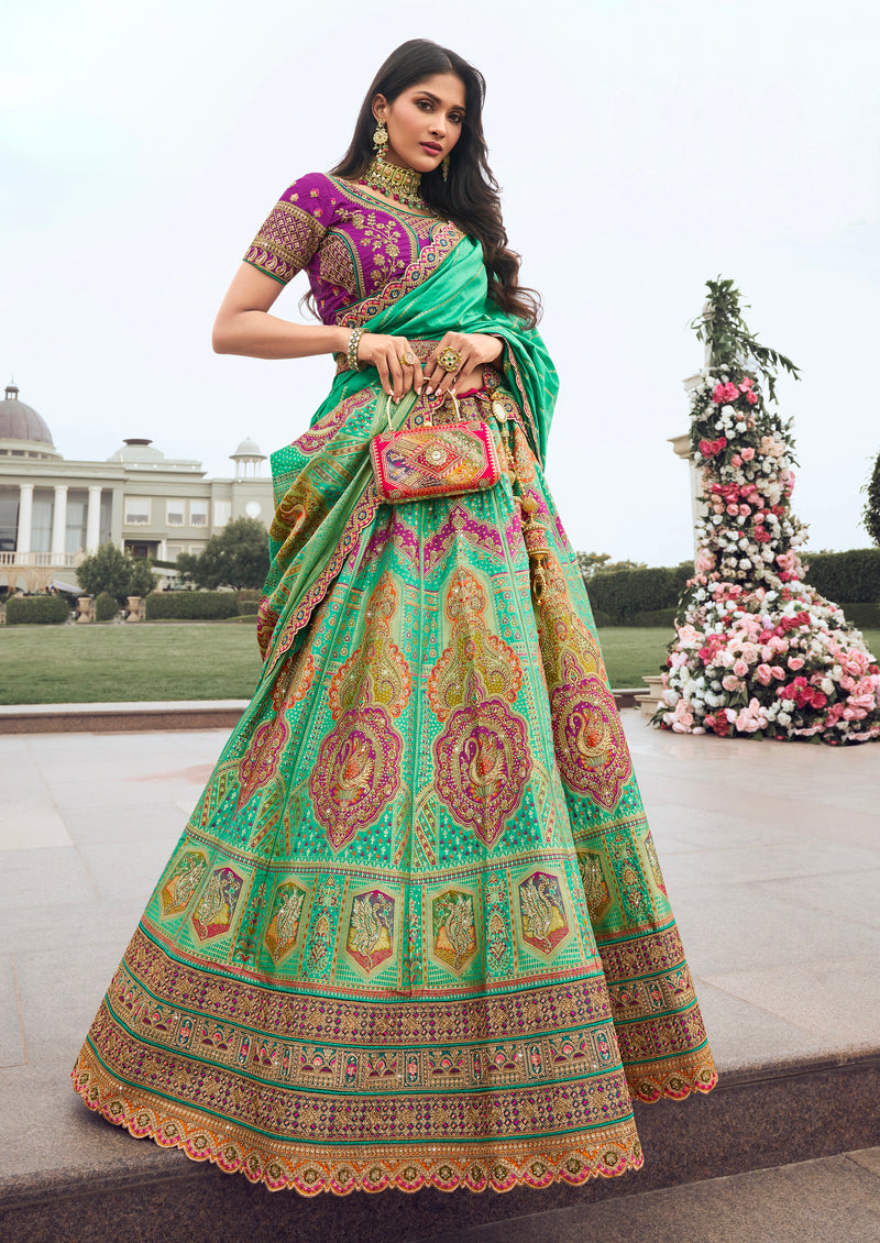 Green and Pink Banarasi Silk Lehenga with Zarkan Codding Work