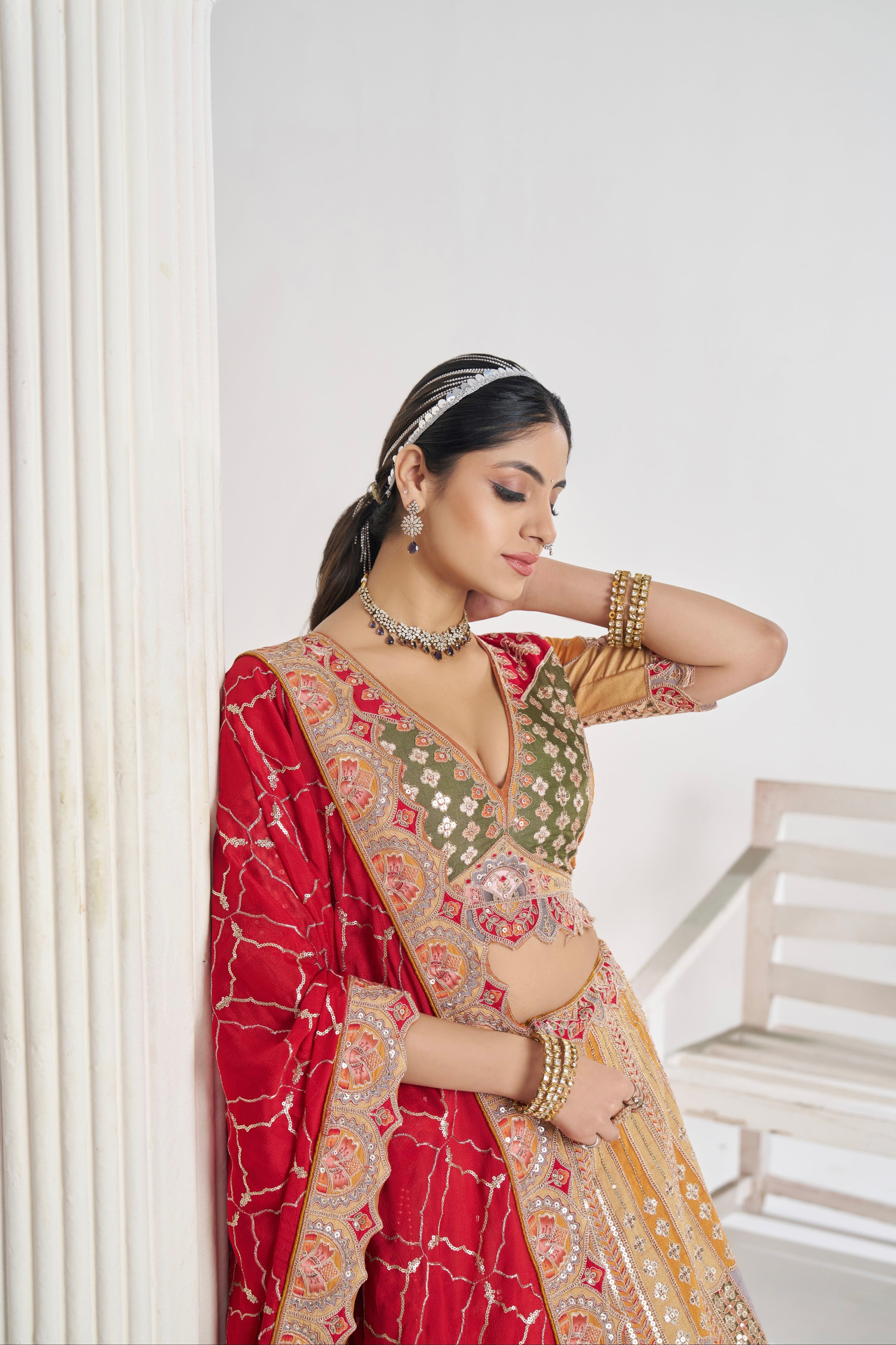 Mustard Dola Silk Bridal Lehenga with Red Dupatta