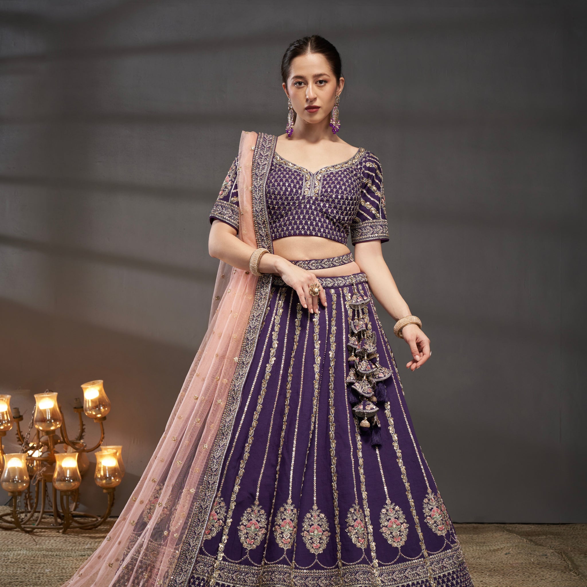 Purple Pure Silk & Heavy Embroidery Bridal Lehenga & Dupatta