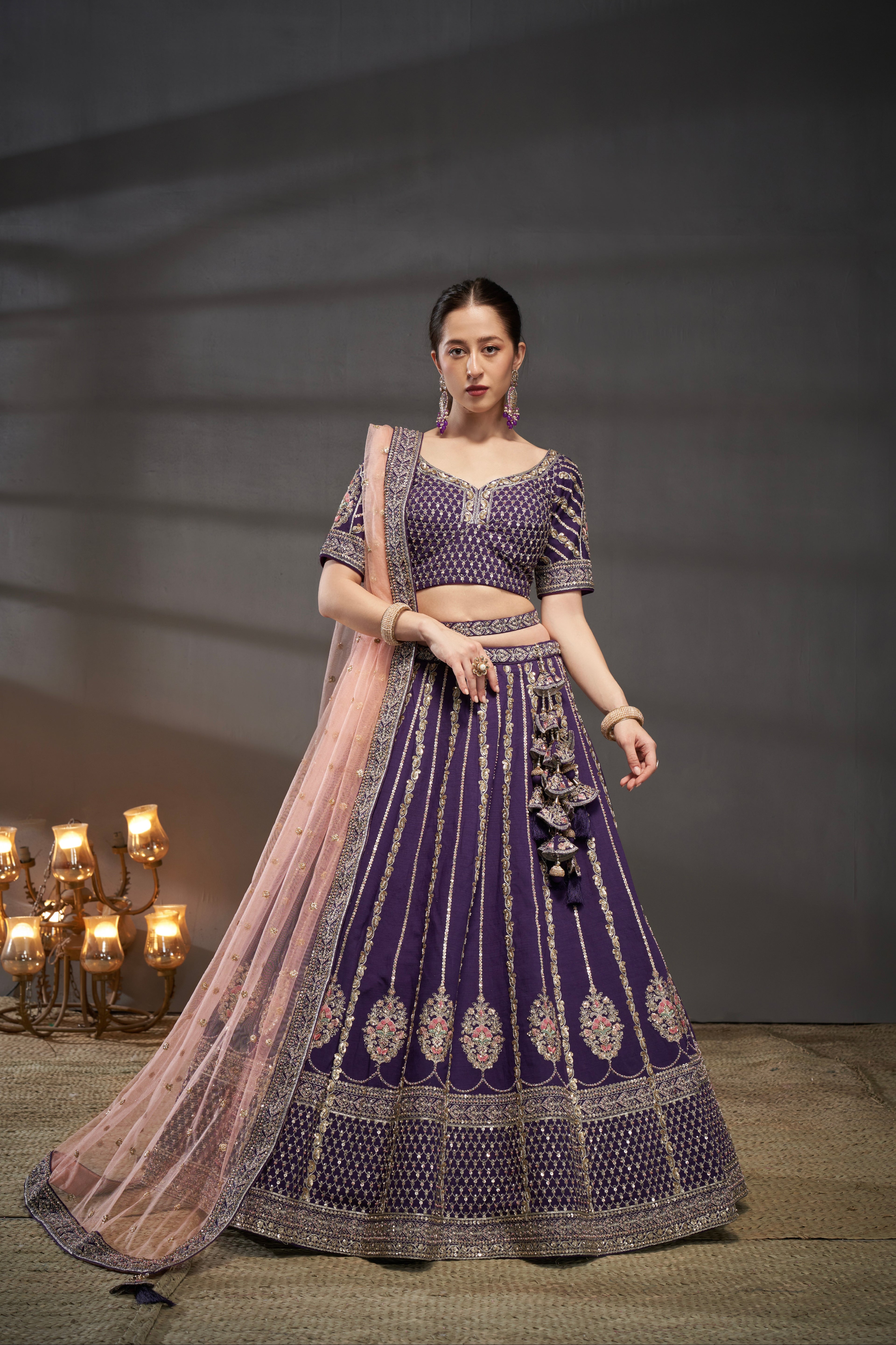 Purple Pure Silk &amp; Heavy Embroidery Bridal Lehenga &amp; Dupatta