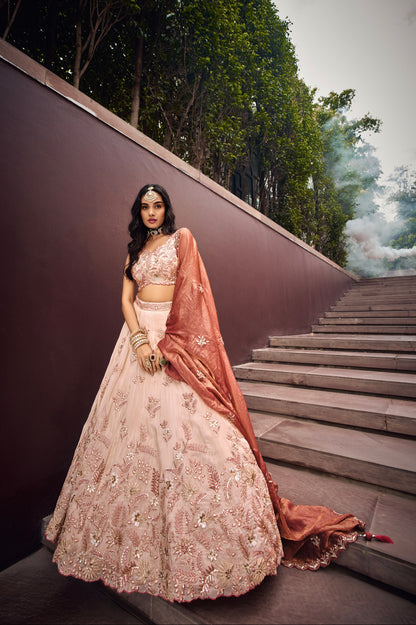 Cream &amp; Rose Gold Embroidered Bridal Lehenga with Viscose Dupatta