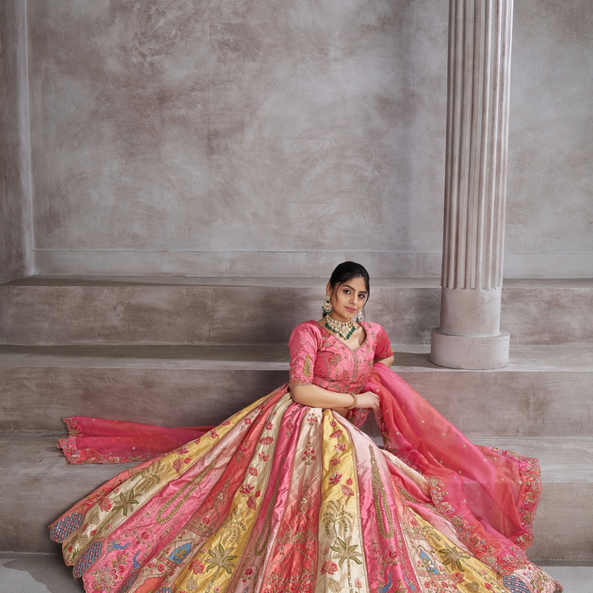 Multi Pink Banarasi Lehenga with Organza Dupatta

