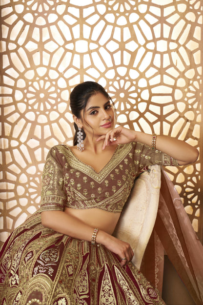 Brown Banarasi Silk Lehenga with Aari Embroidery &amp; Dupatta