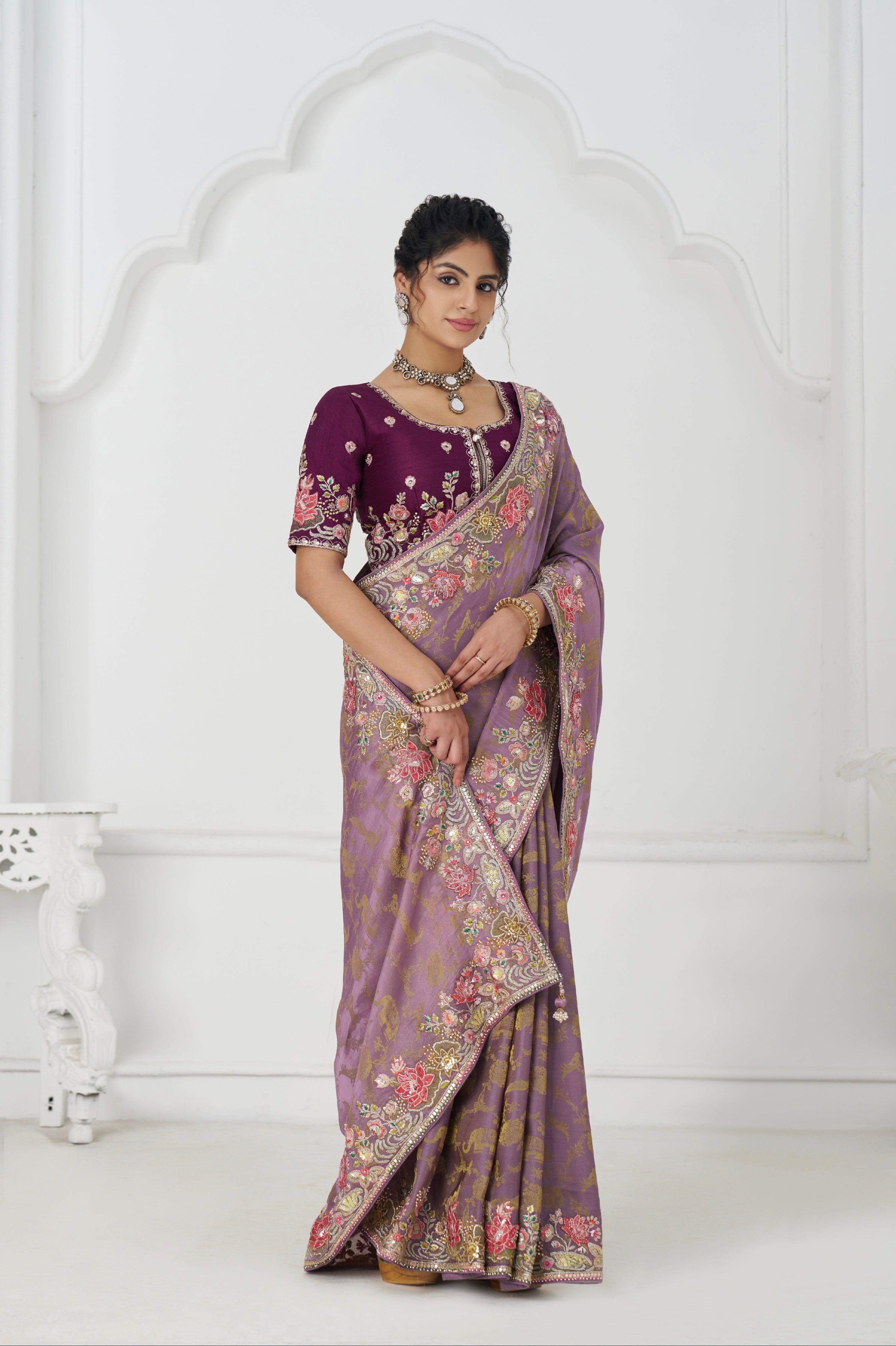 Mauve silk saree with unstitched blouse piece