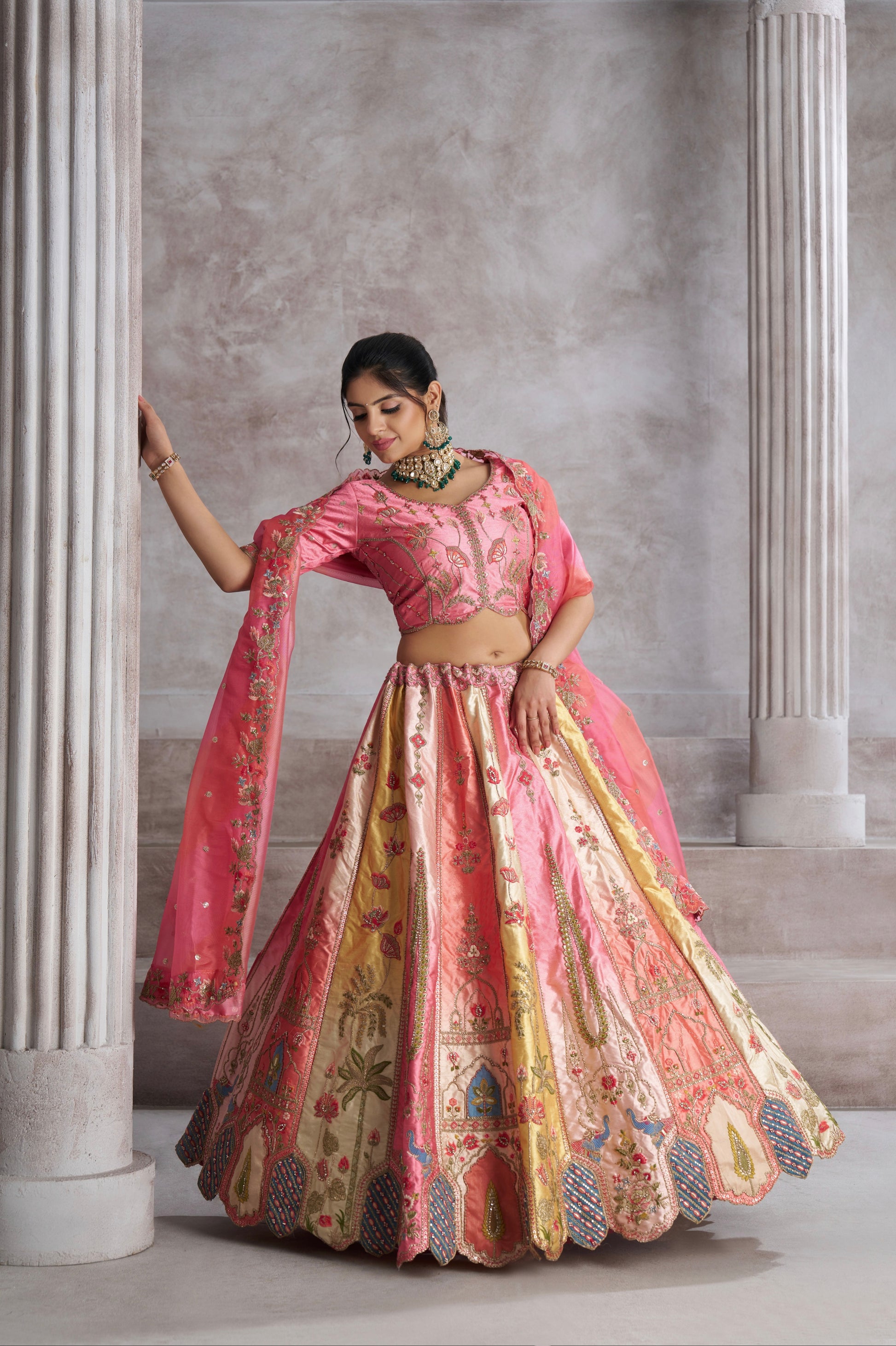 Wedding Lehenga in Banarasi Silk with Pink Organza Dupatta

