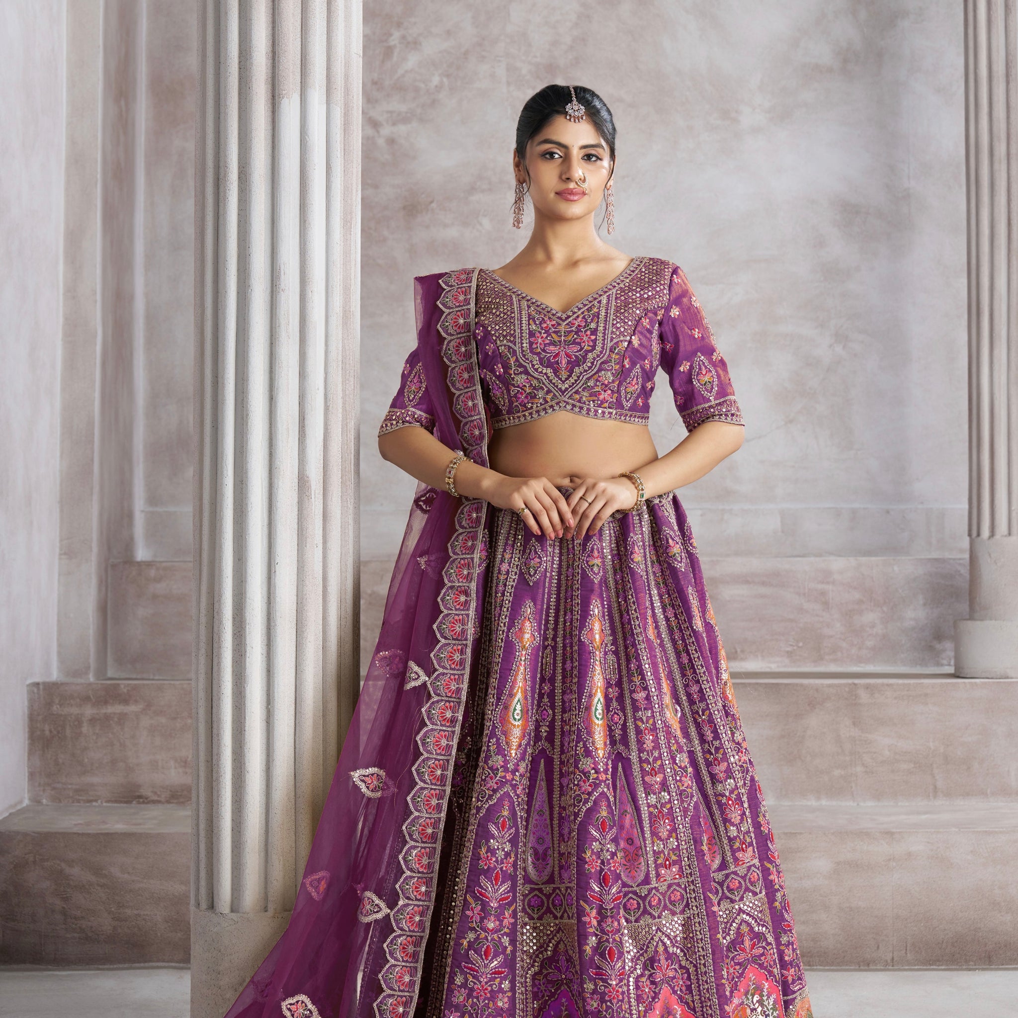 Purple Banarasi Silk Lehenga with Aari Embroidery
