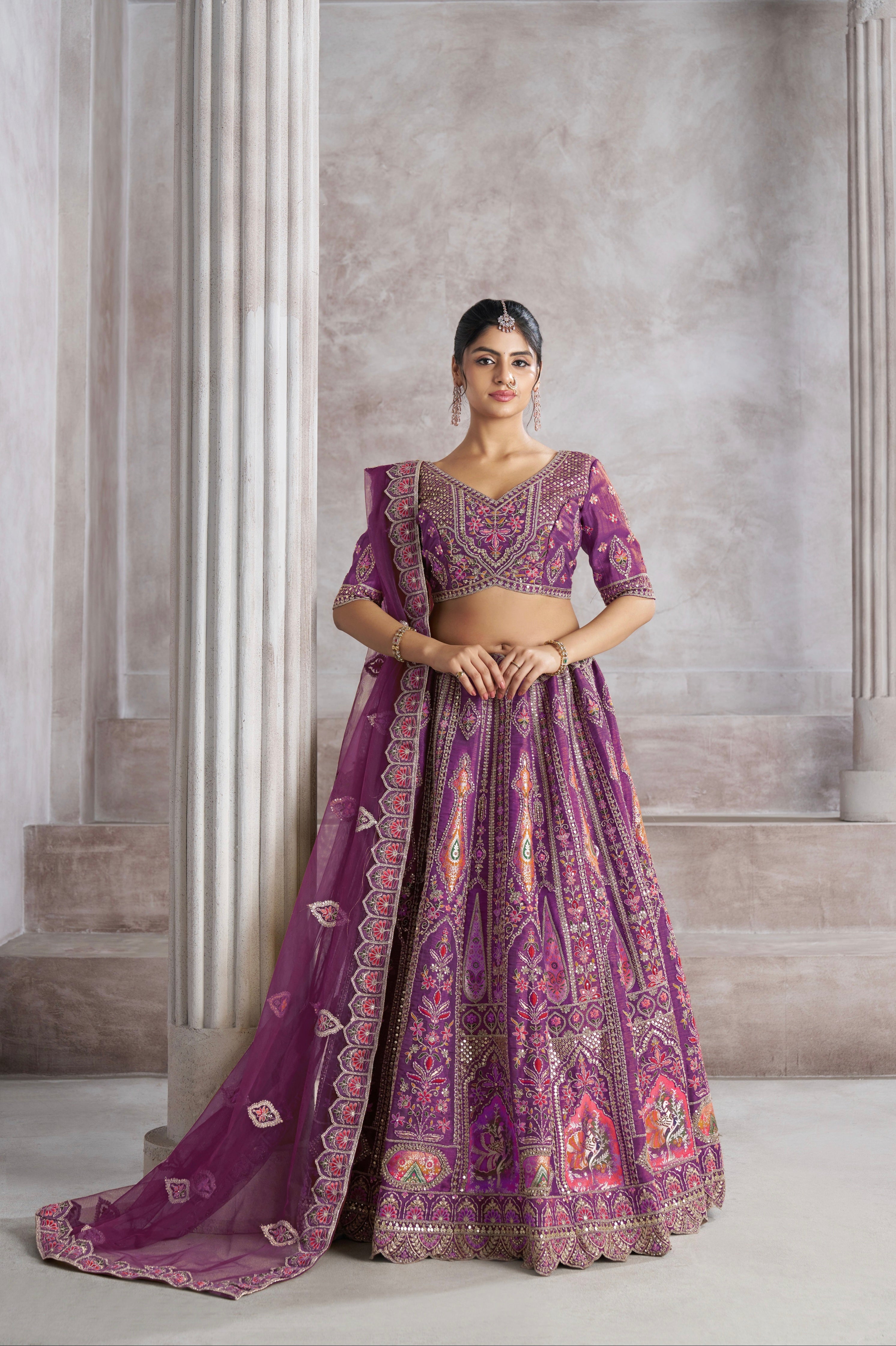 Purple Banarasi Silk Lehenga with Aari Embroidery