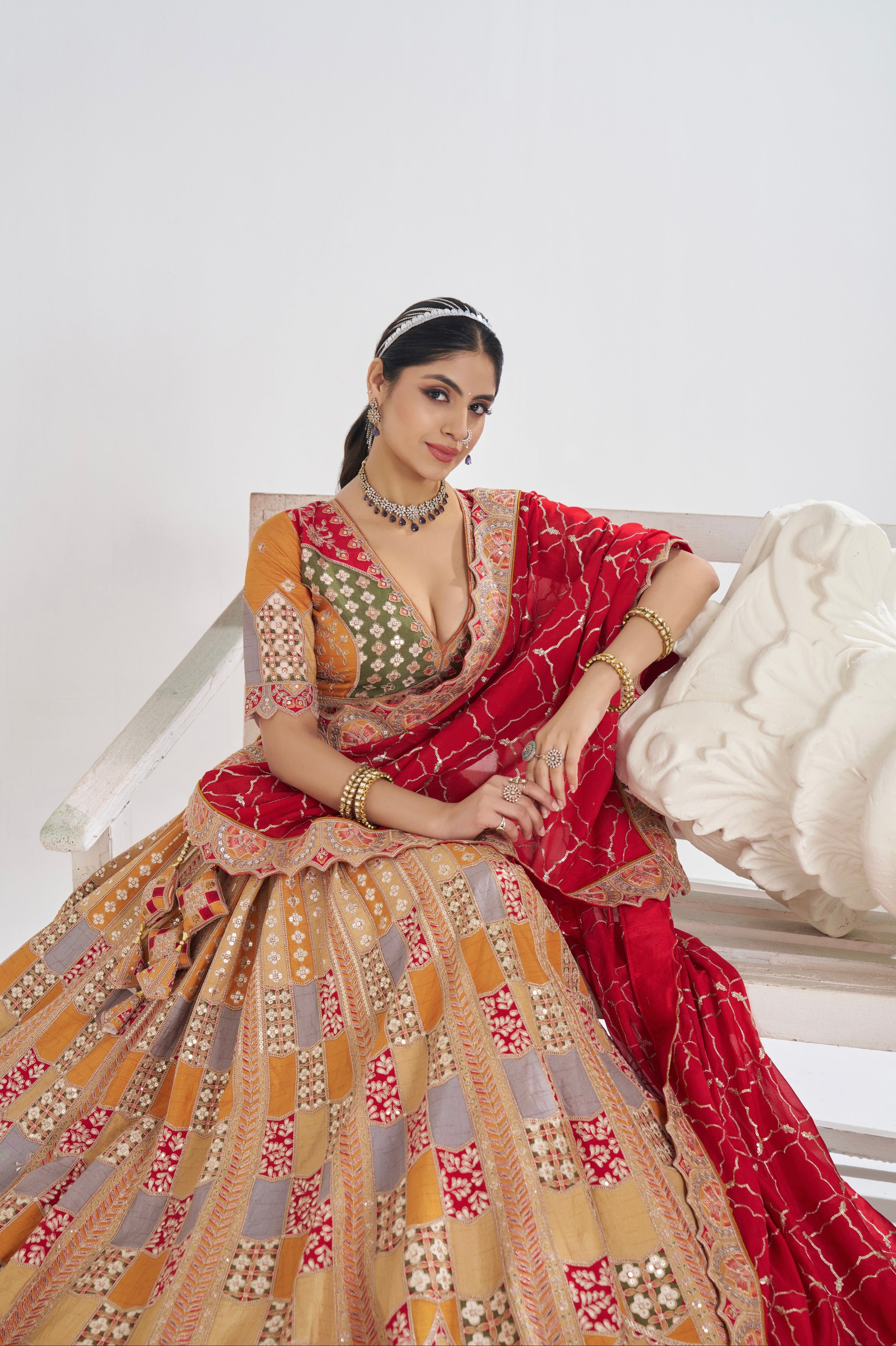 Mustard Dola Silk Bridal Lehenga with Red Dupatta