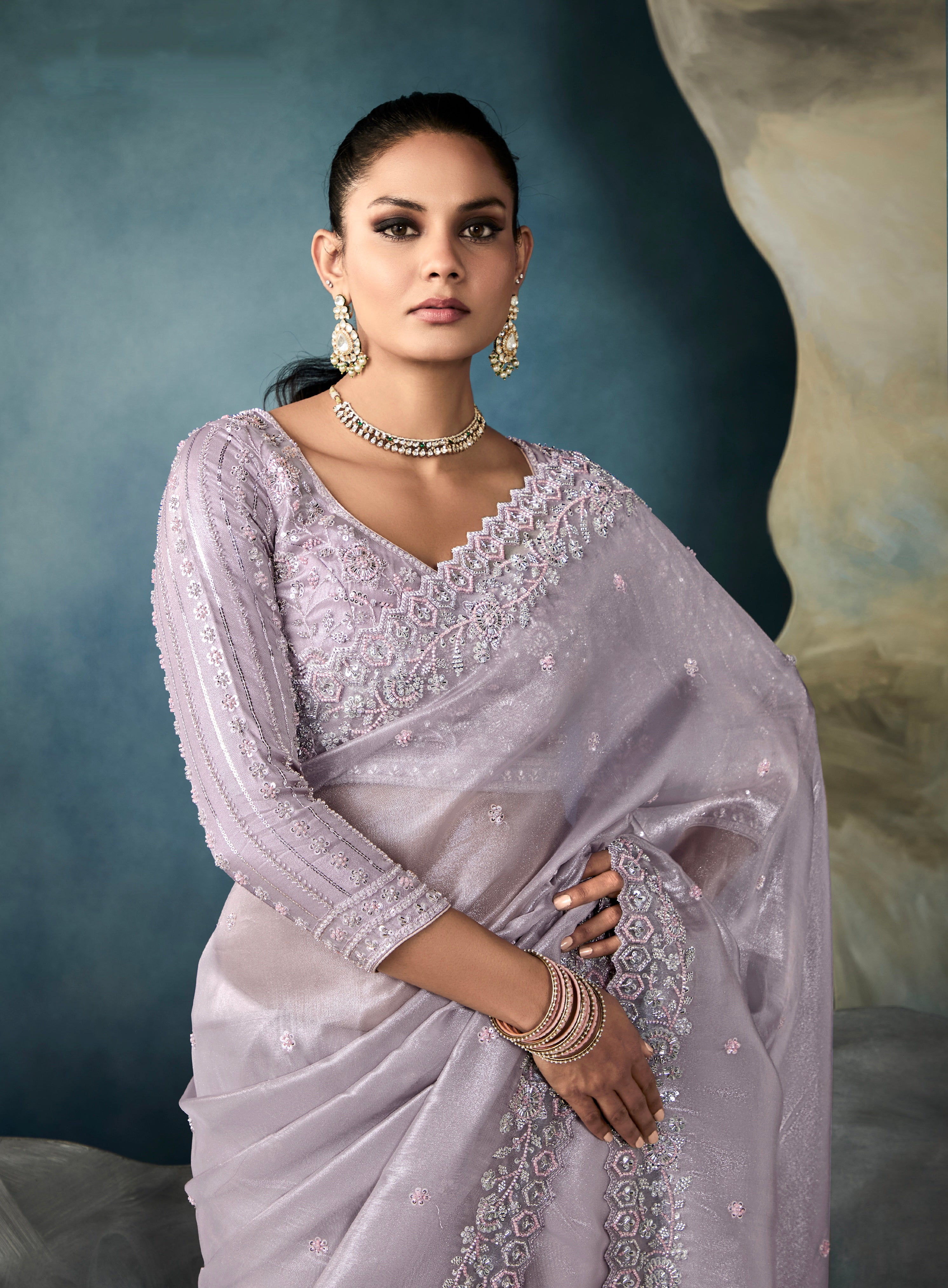 Soft Lavender Tissue Saree for Wedding Functions