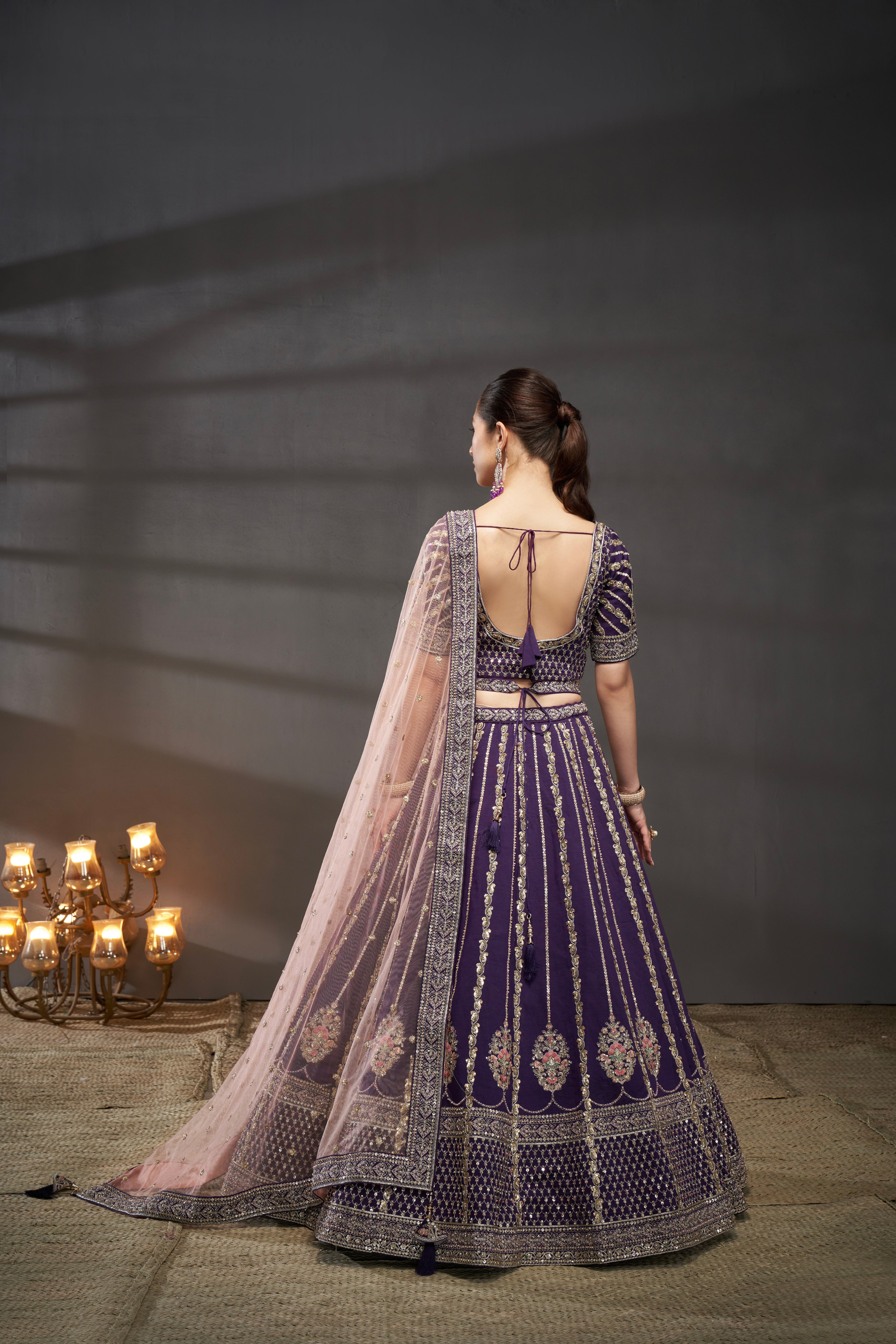 Purple Pure Silk &amp; Heavy Embroidery Bridal Lehenga &amp; Dupatta