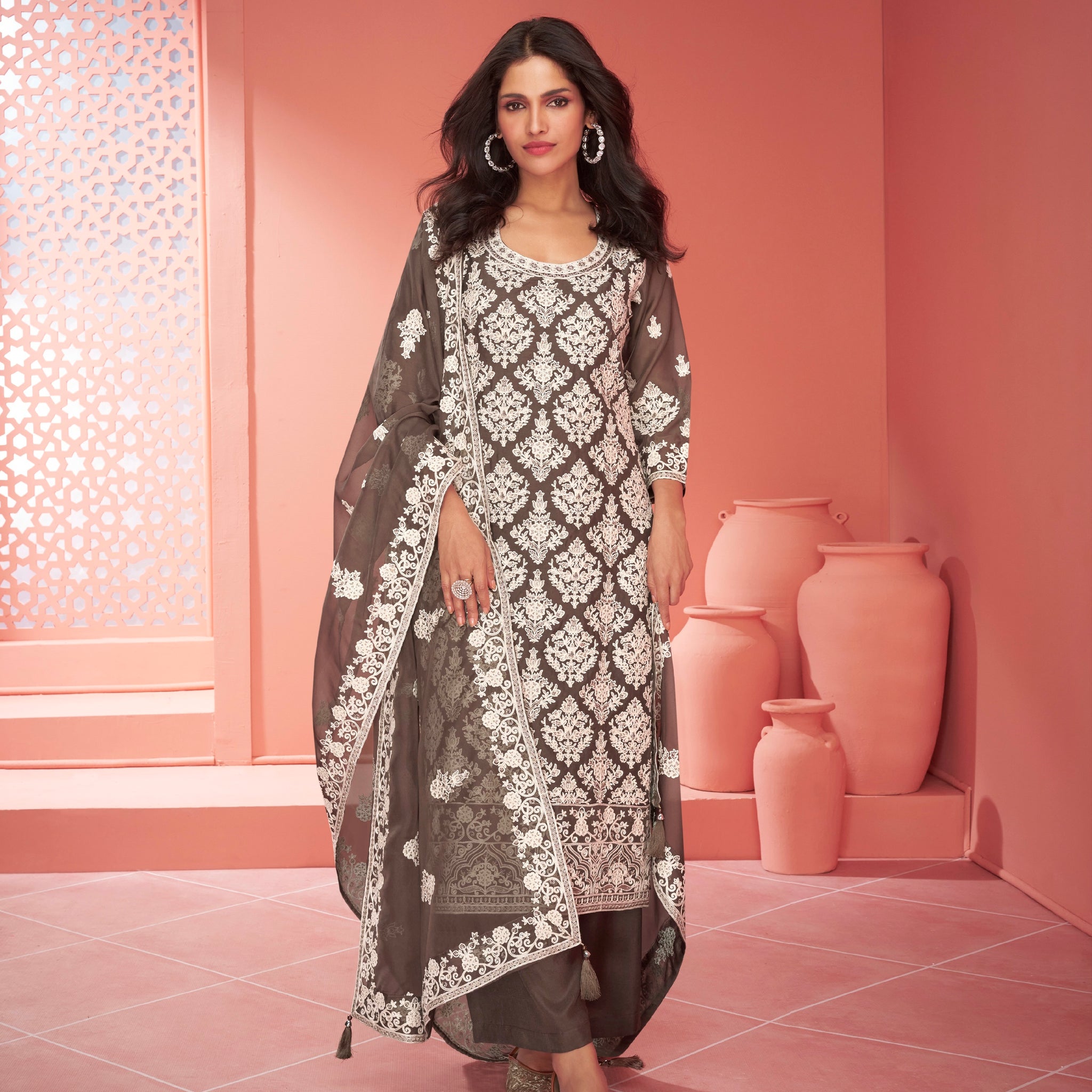 Brown Organza Silk Palazzo Suit with Embroidered Dupatta
