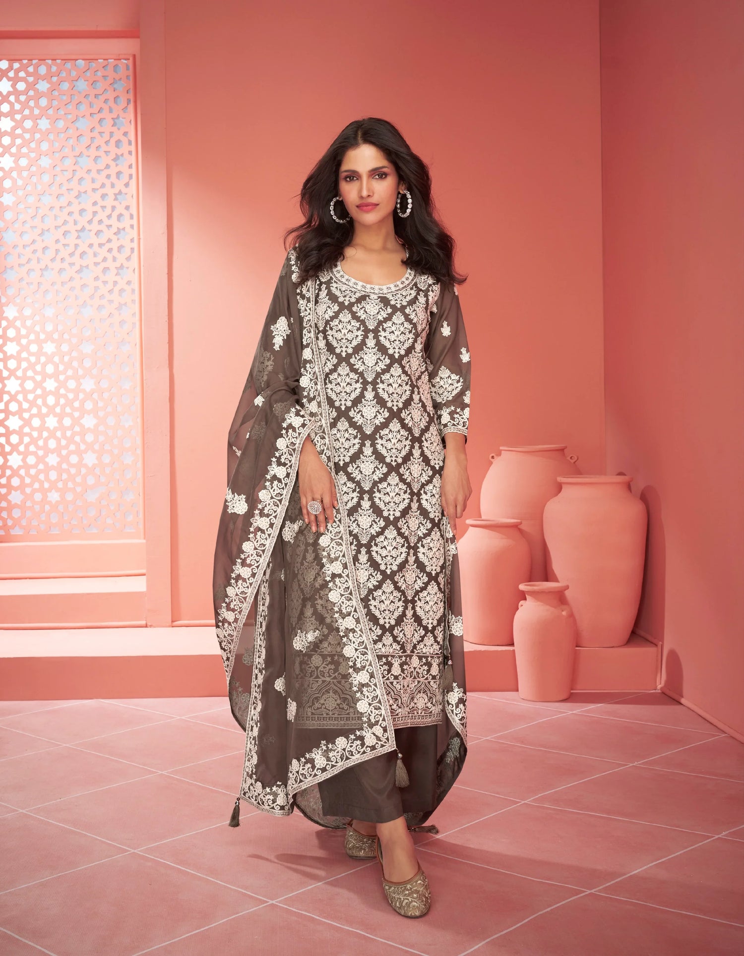 Brown Organza Silk Palazzo Suit with Embroidered Dupatta