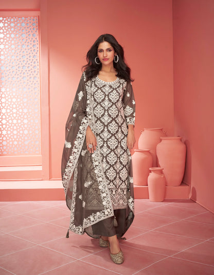 Brown Organza Silk Palazzo Suit with Embroidered Dupatta