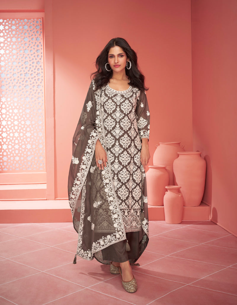 Brown Organza Silk Palazzo Suit with Embroidered Dupatta