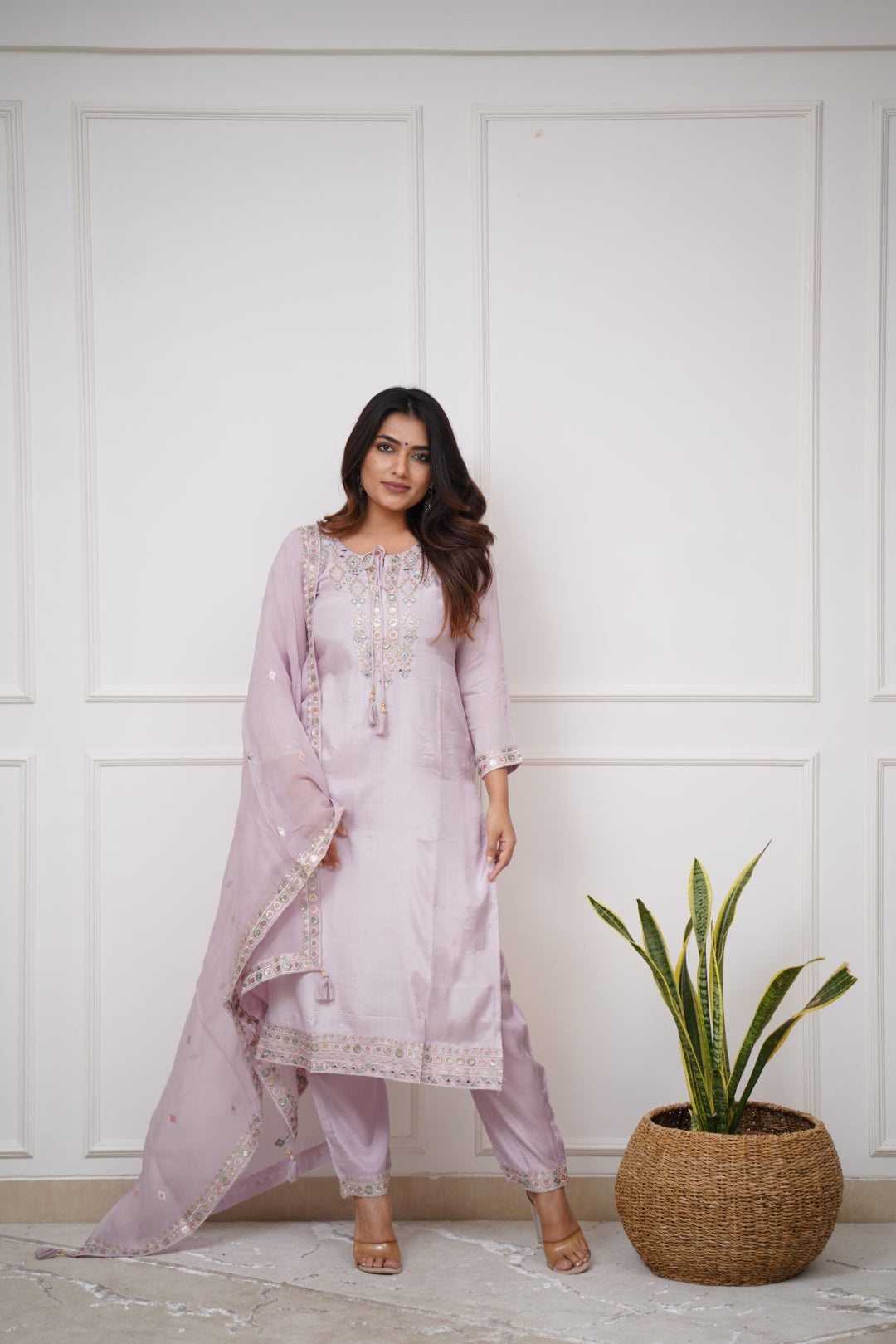 Lilac Viscose Chanderi Kurti Set with Organza Silk Dupatta