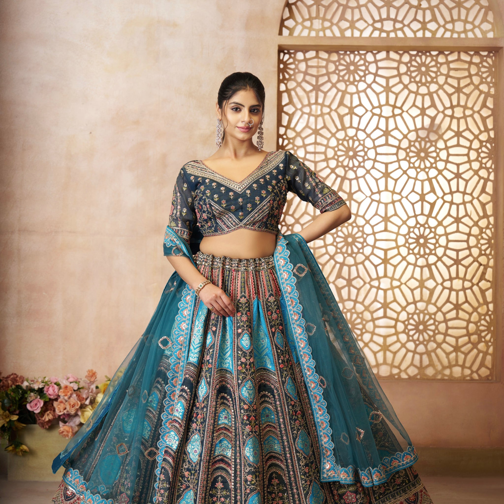 Blue Banarasi silk lehenga with aari embroidery