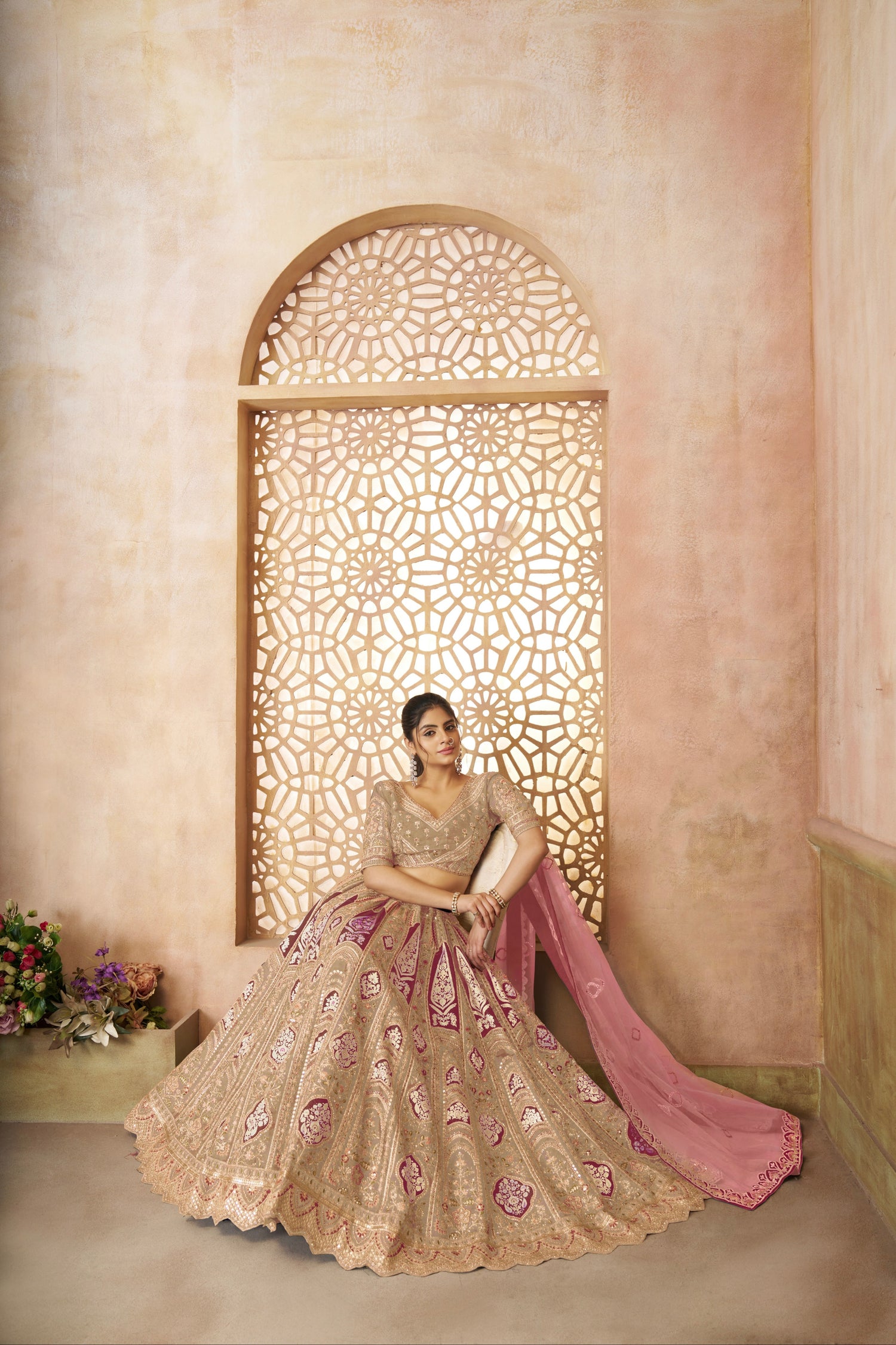 Chiku Banarasi Silk Lehenga with Aari Work &amp; Net Dupatta