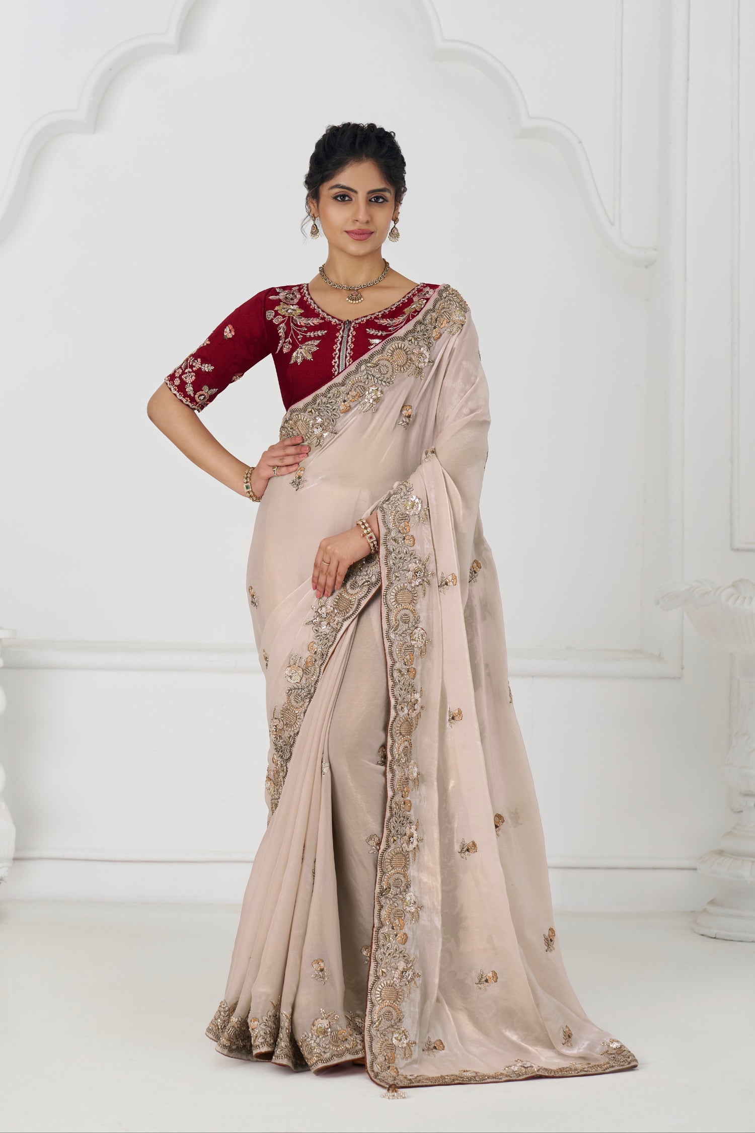 Zari work chiku silk saree for party wear