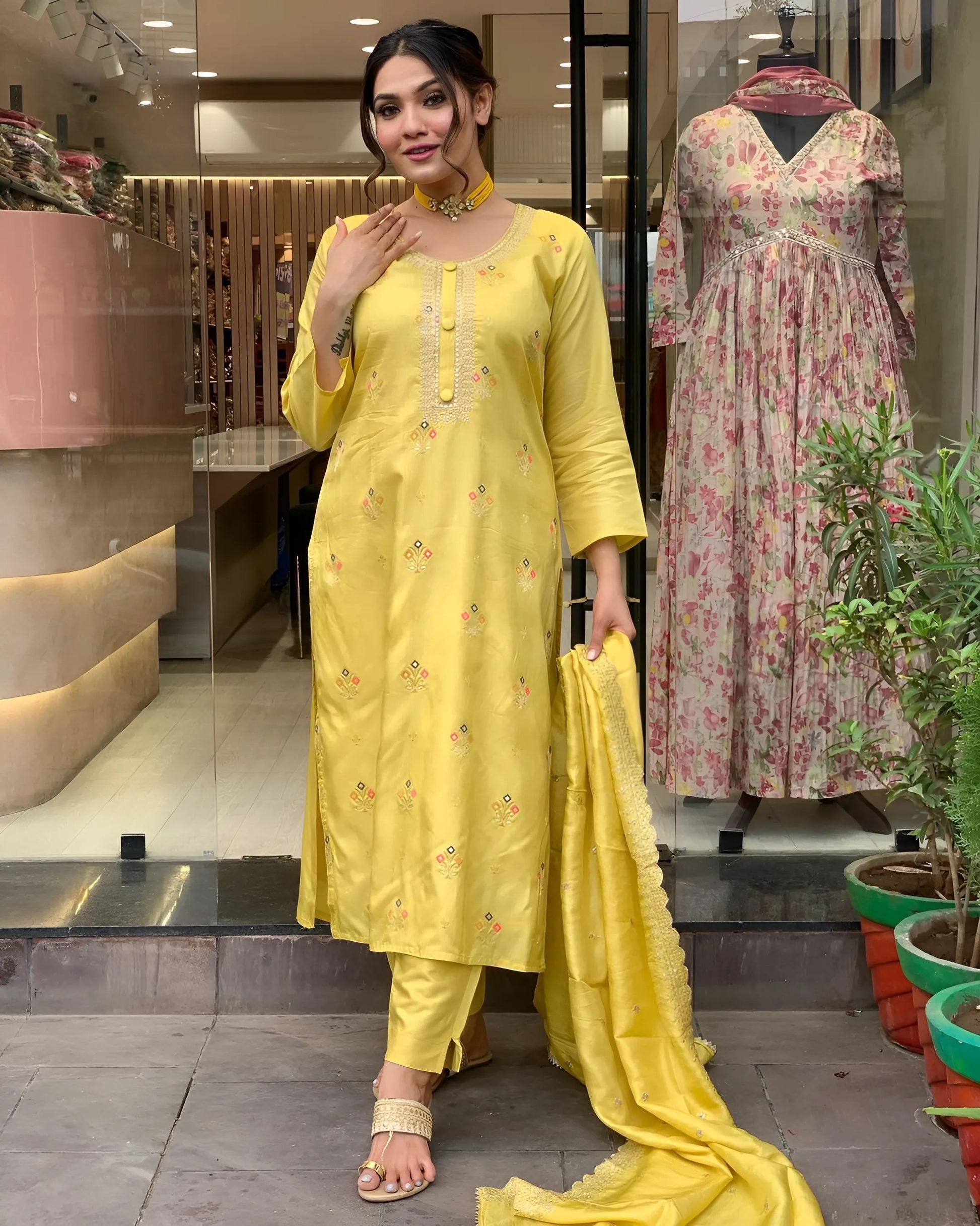 Yellow Viscose Chanderi Kurti Set with Organza Tebby Dupatta