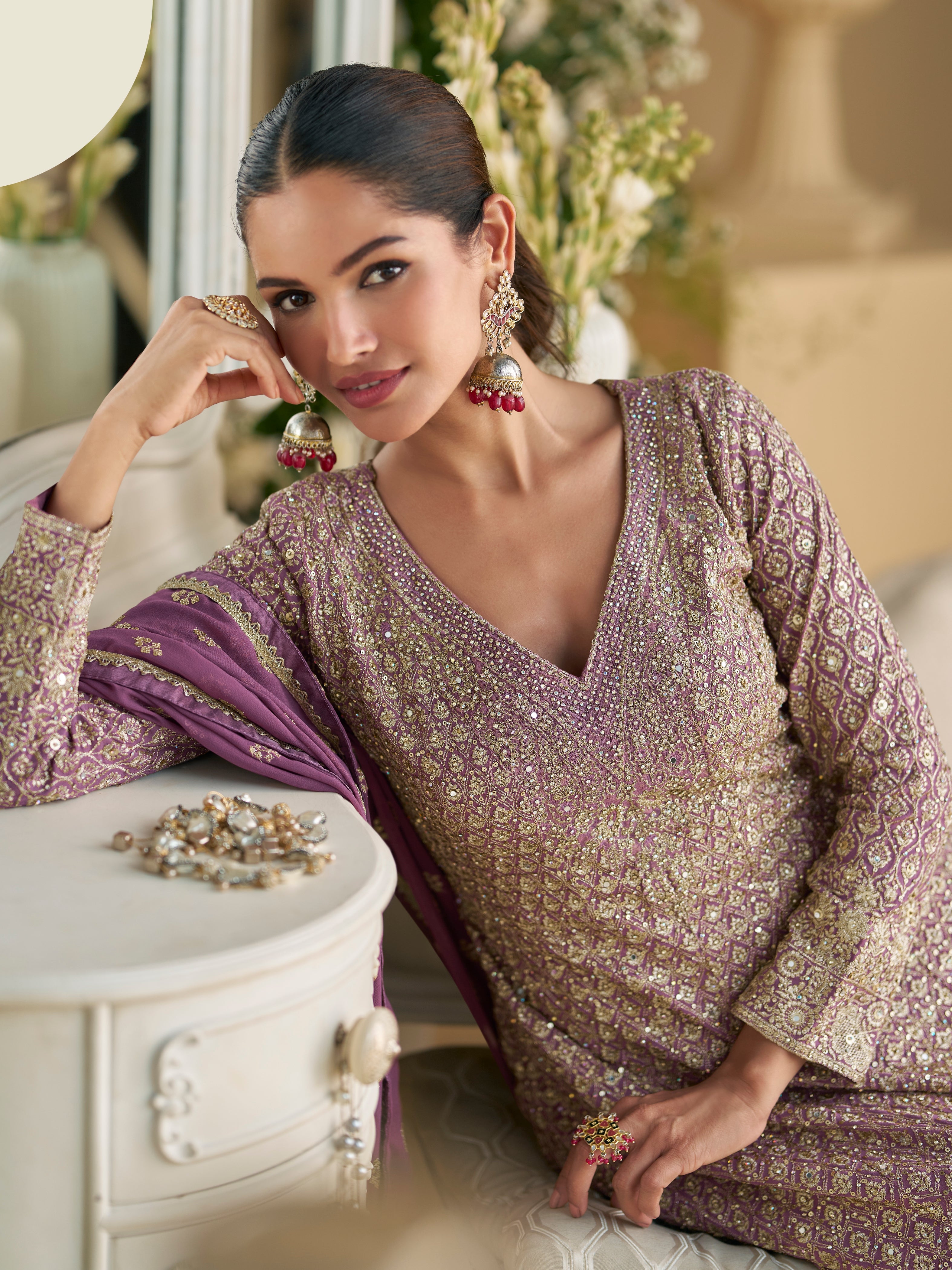 Royal Purple Hand Swarovski Palazzo Suit