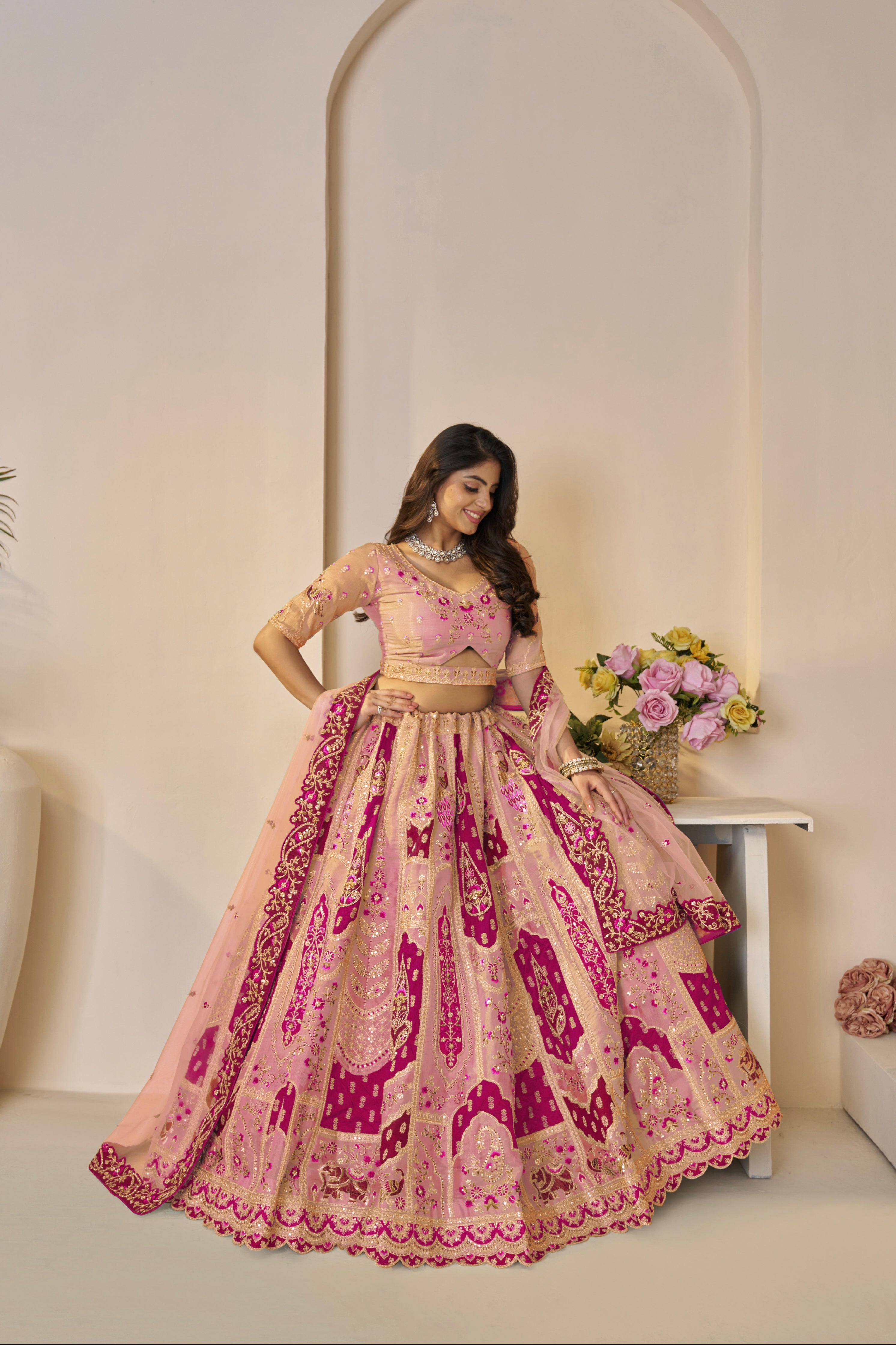 Orange Banarasi Silk Lehenga with Net Dupatta