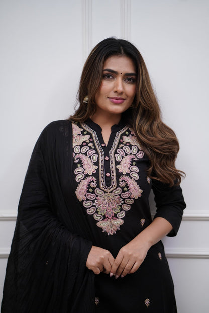 Black Viscose Chanderi Kurti Set with Embroidery &amp; Dupatta