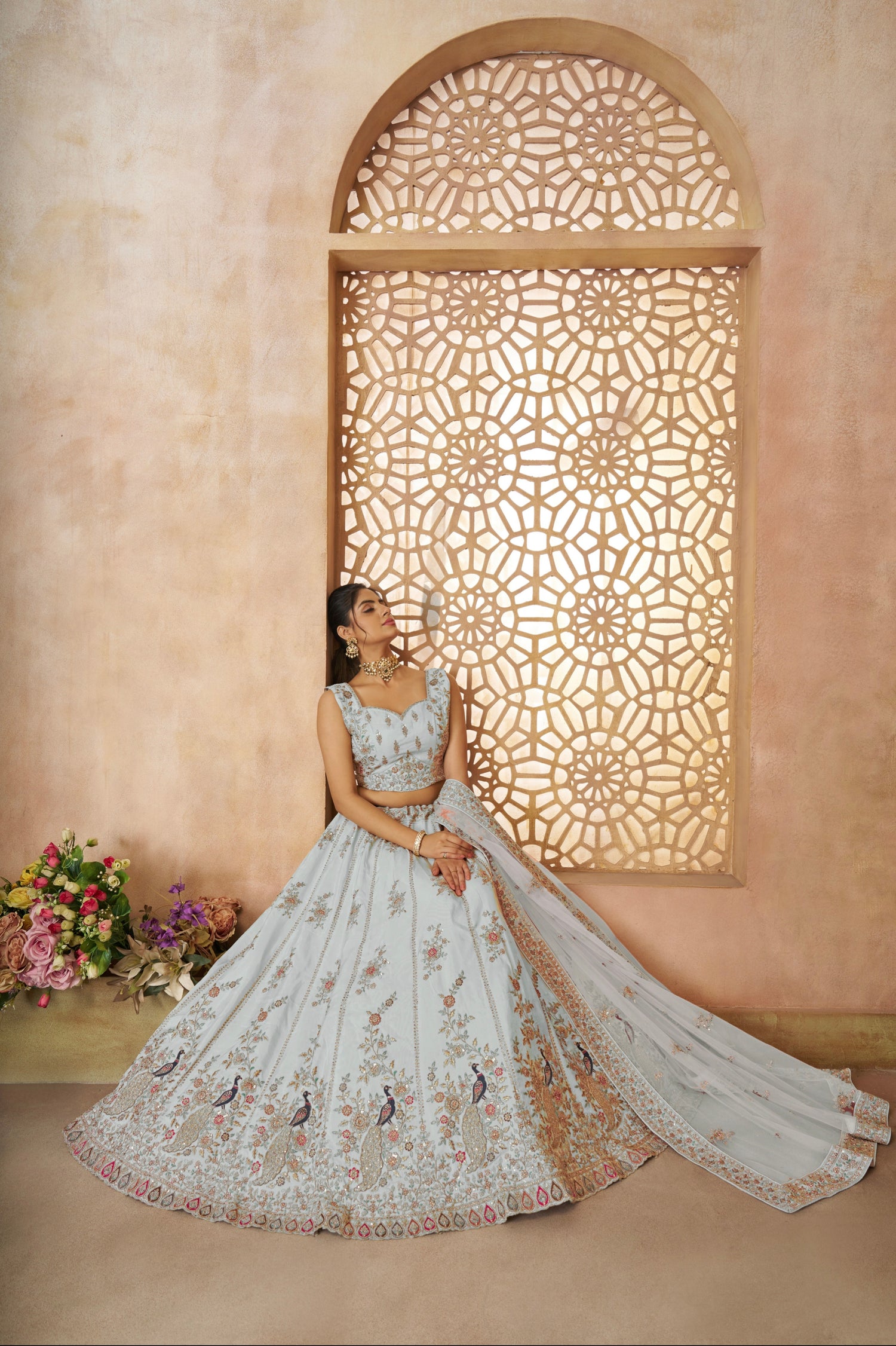 Bridal sky blue lehenga choli set with handcrafted peacock embroidery on silk fabric