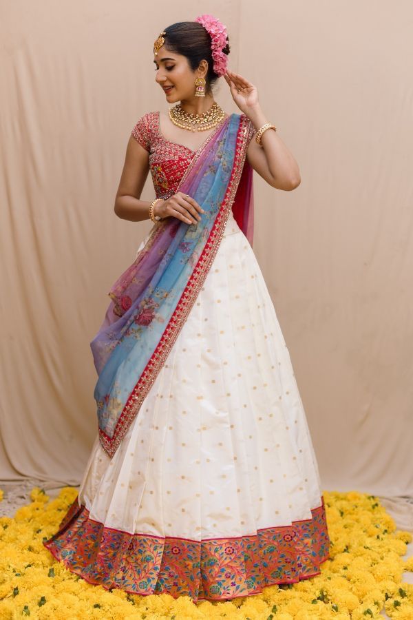 Beautiful Kanjiveram Silk Pure Zari HALF Saree with Blouse Along With Dupptta