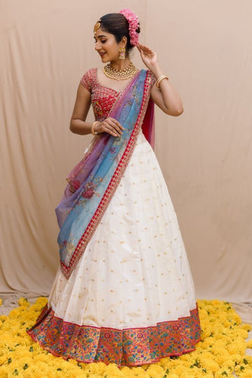 Beautiful Kanjiveram Silk Pure Zari HALF Saree with Blouse Along With Dupptta