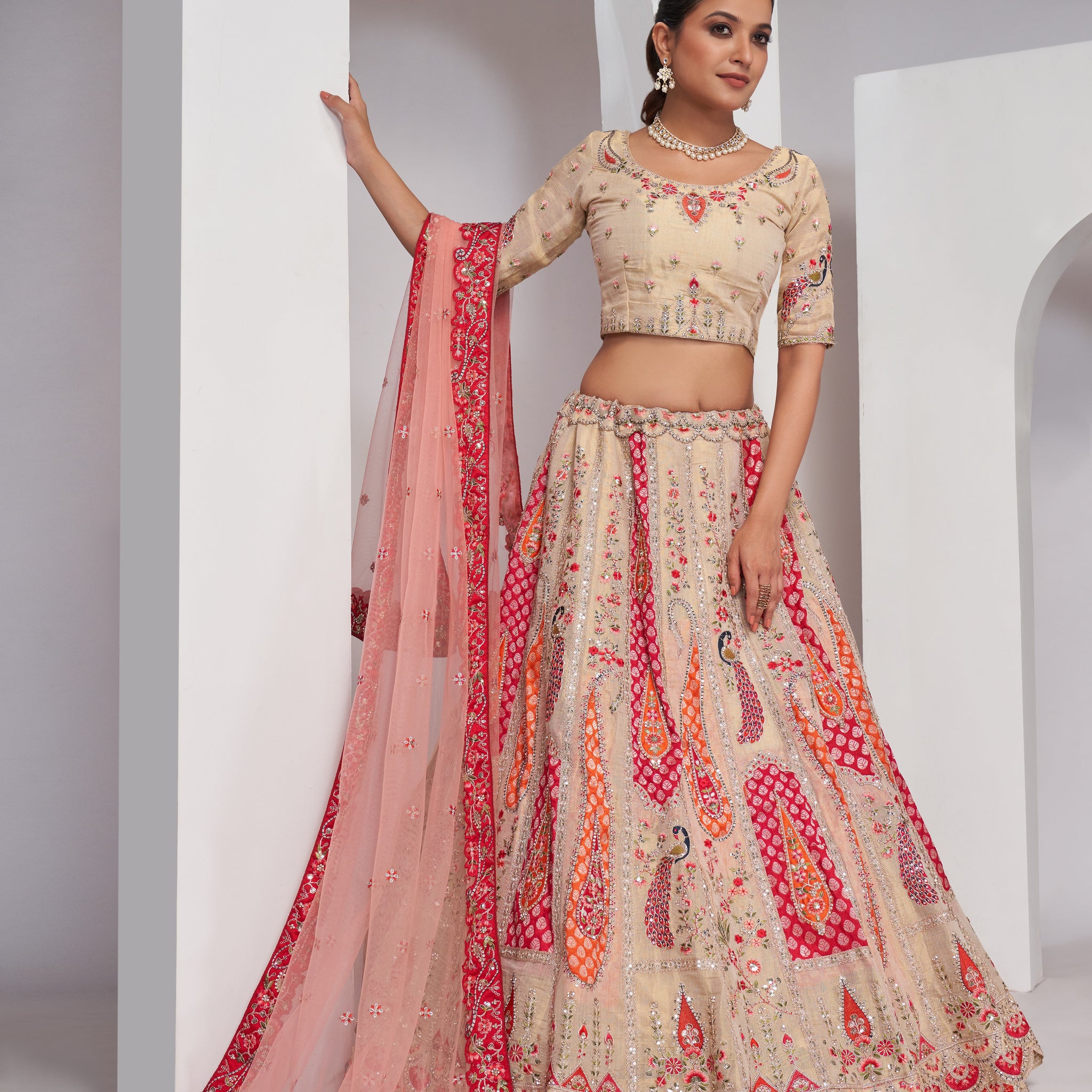 Bright Cream Pink Paisley and Peacock Embroidered Bridal Lehenga