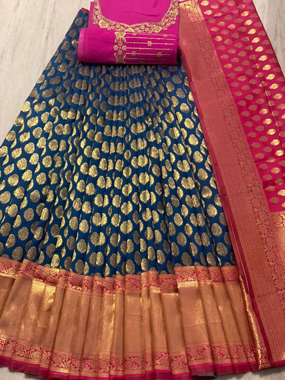 Beautiful Kanjiveram Silk Pure Zari HALF Saree with Blouse Along With Dupptta