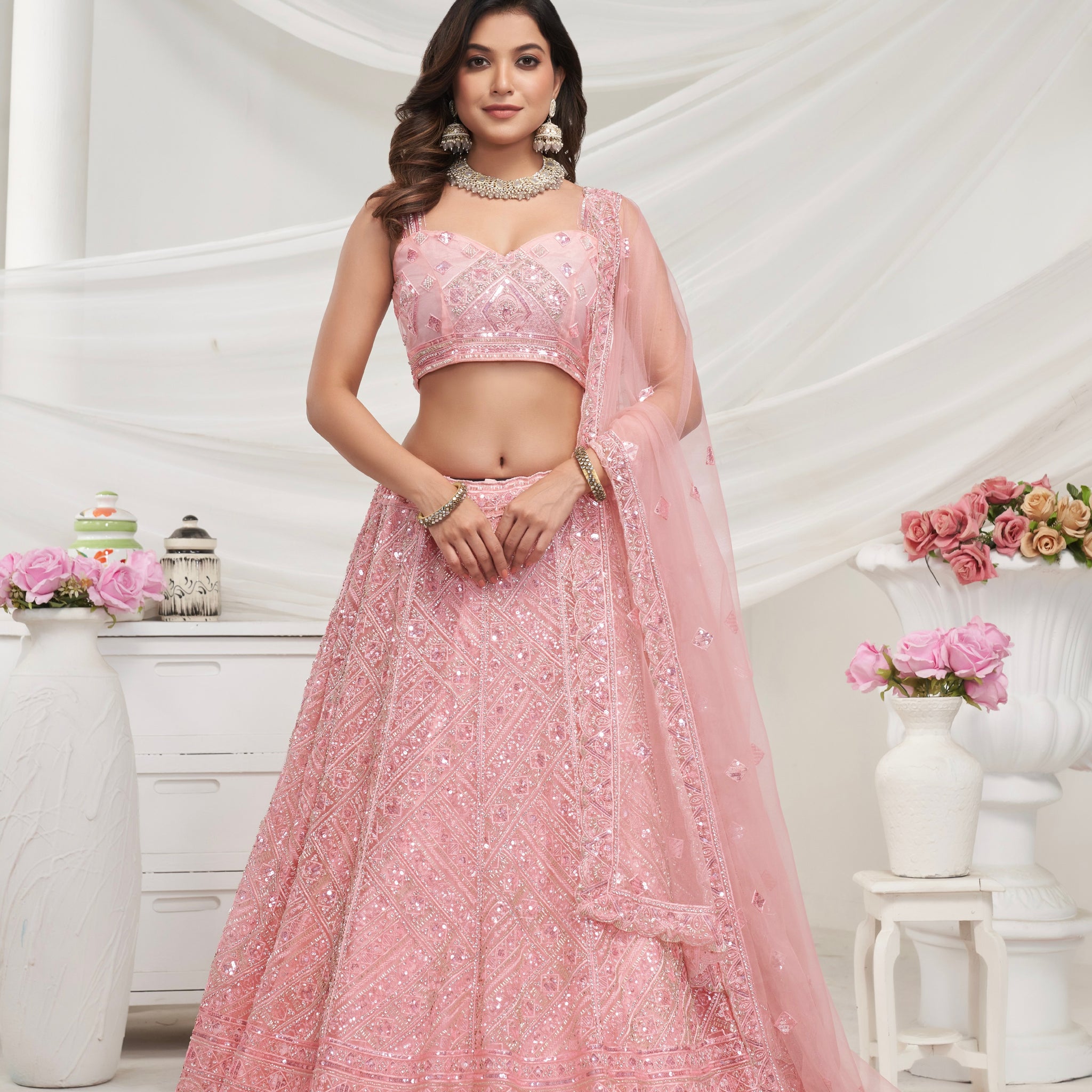 Peach Net Lehenga Set with Sequin & Cut Dana Embellishments