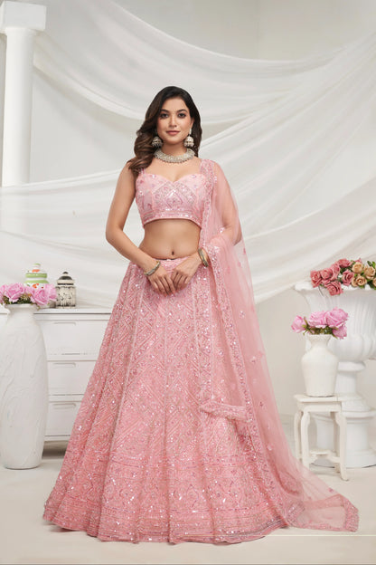 Peach Net Lehenga Set with Sequin &amp; Cut Dana Embellishments