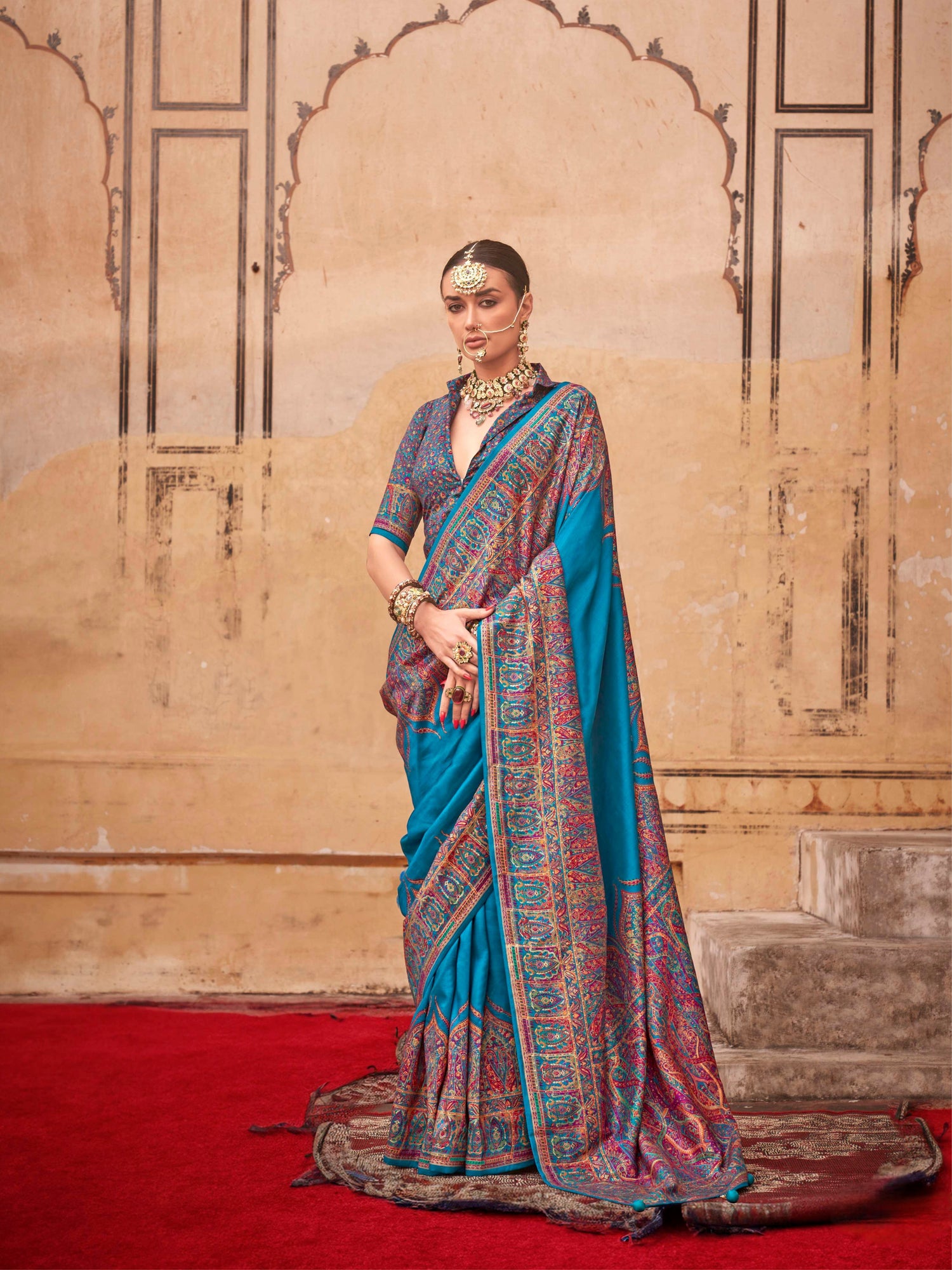 Turquoise Blue &amp; Red Patola Silk Saree