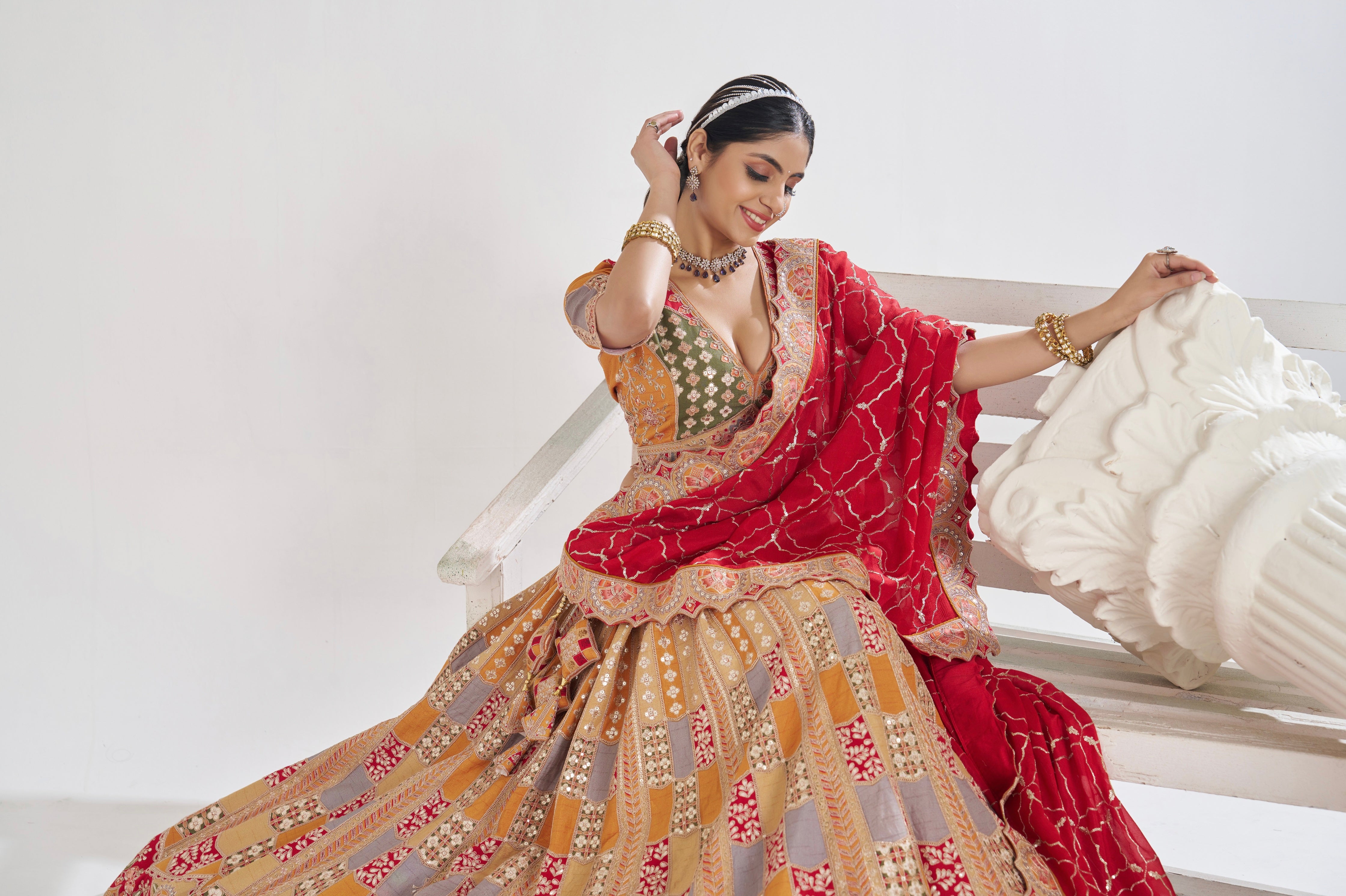 Mustard Dola Silk Bridal Lehenga with Red Dupatta