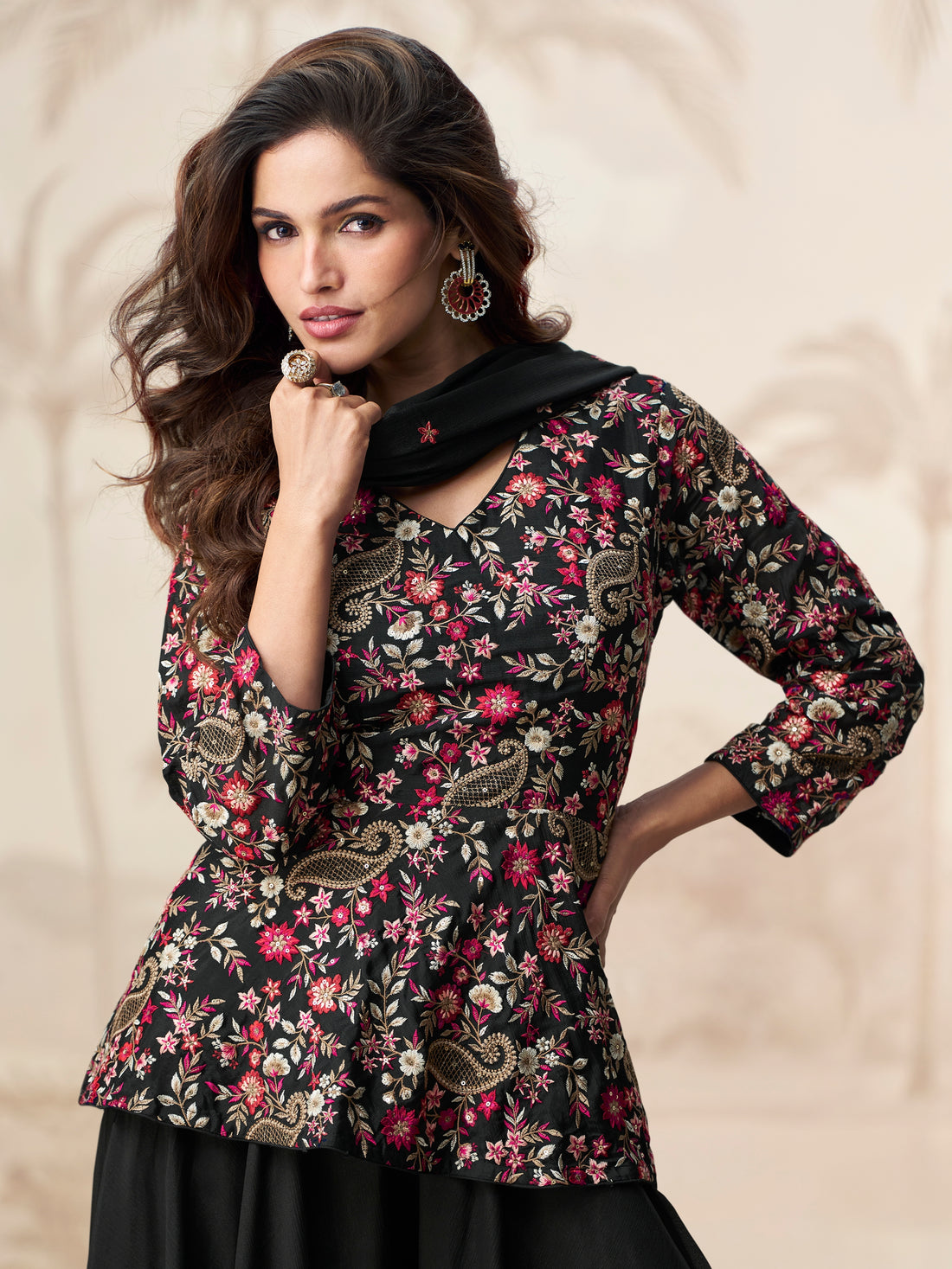 Black embroidered palazzo suit for festive wear with flared pants
