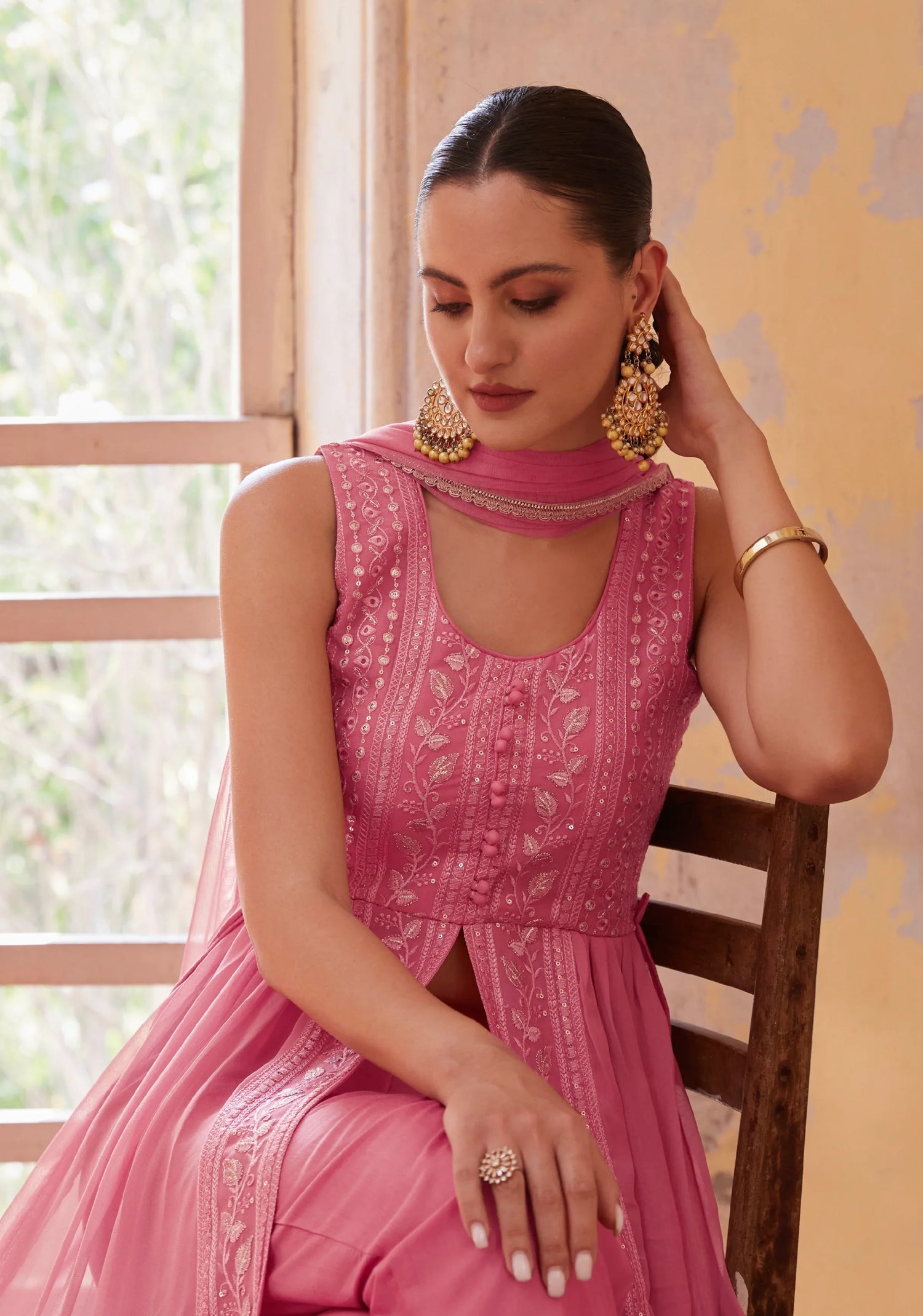 Gajri Anarkali Gown In Georgette With Thread &amp; Zari Embroidery
