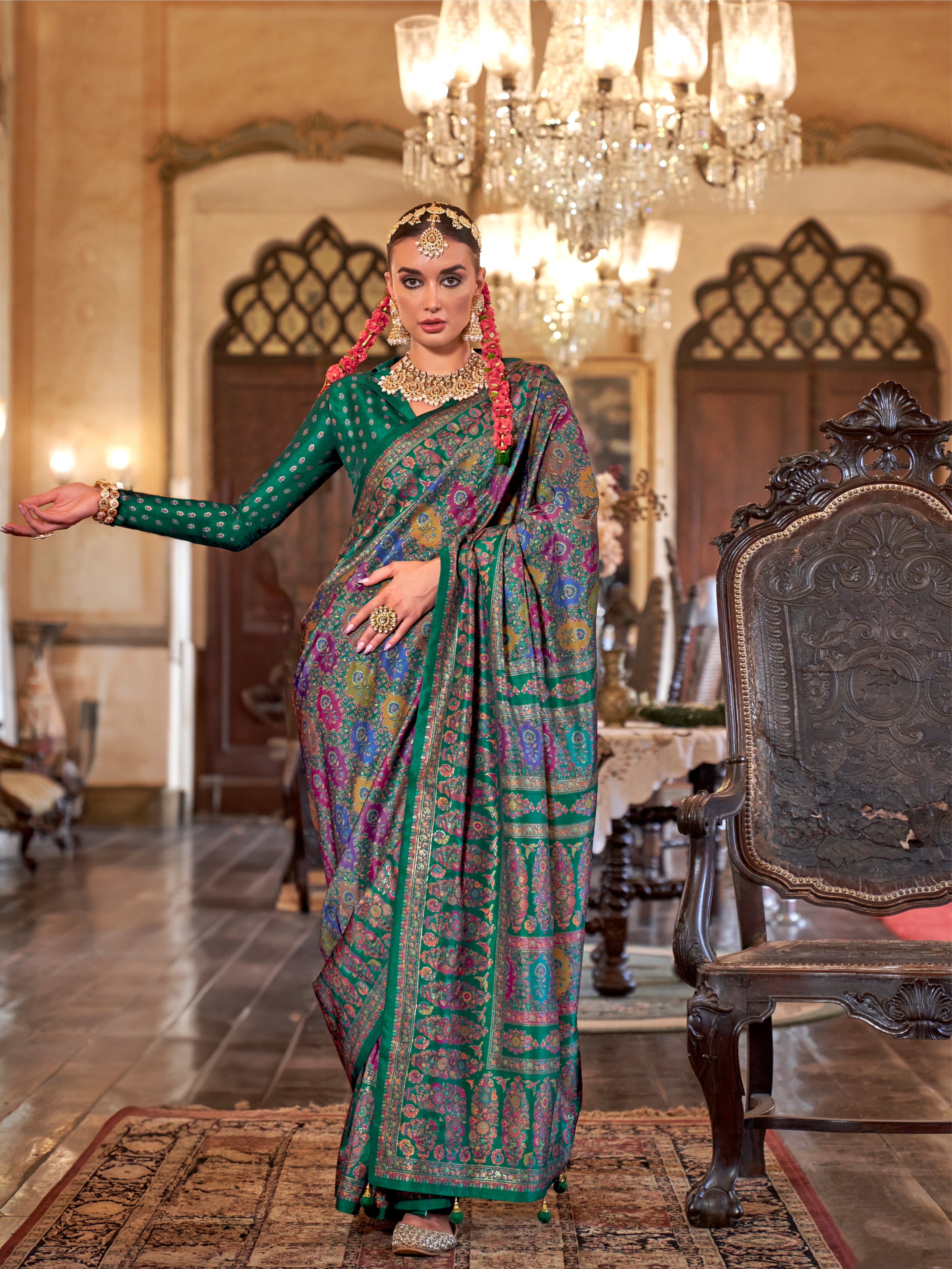 Emerald Green & Teal Designer Patola Silk Saree