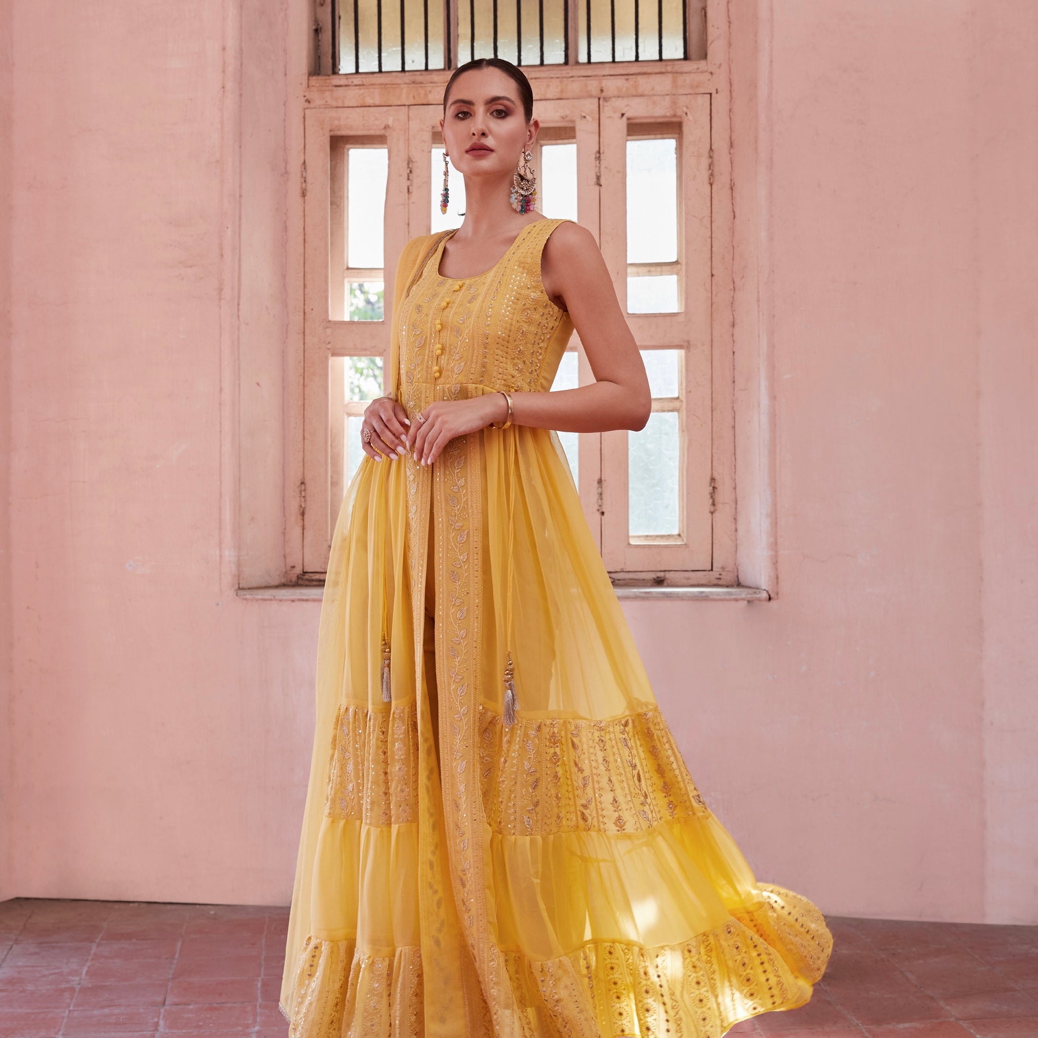 Yellow Full Flared Anarkali Gown In Georgette With Thread And Sequins Embroidery