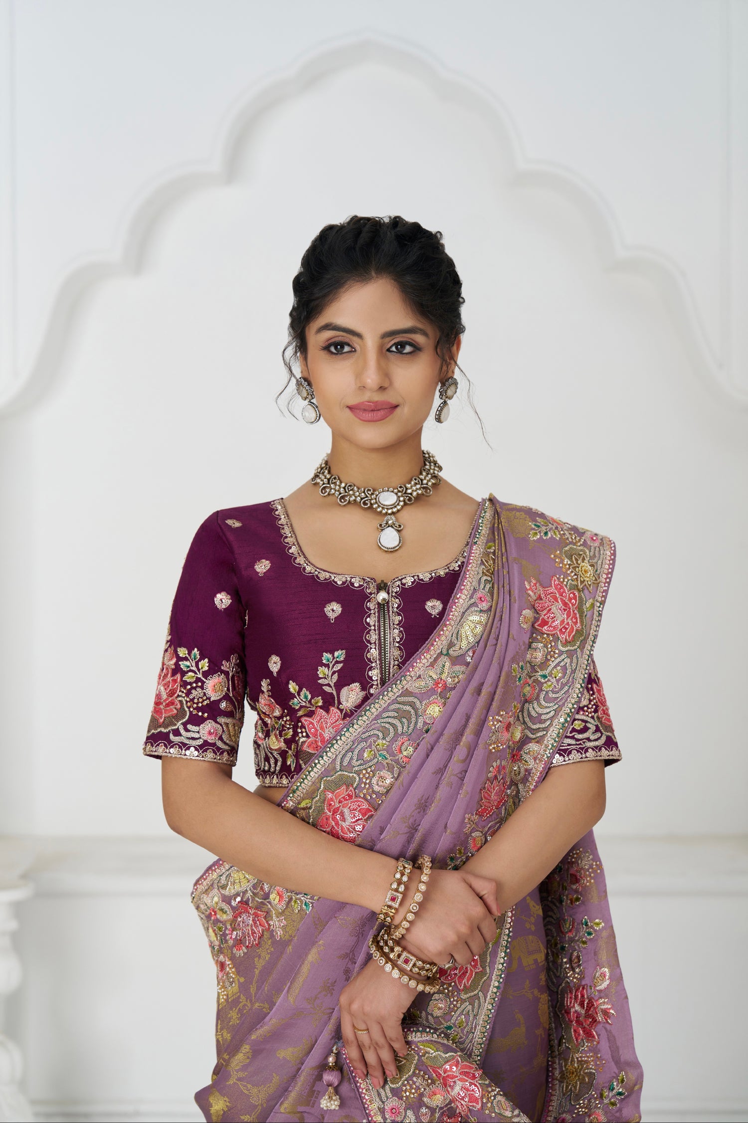 Designer mauve saree with multicolor threadwork