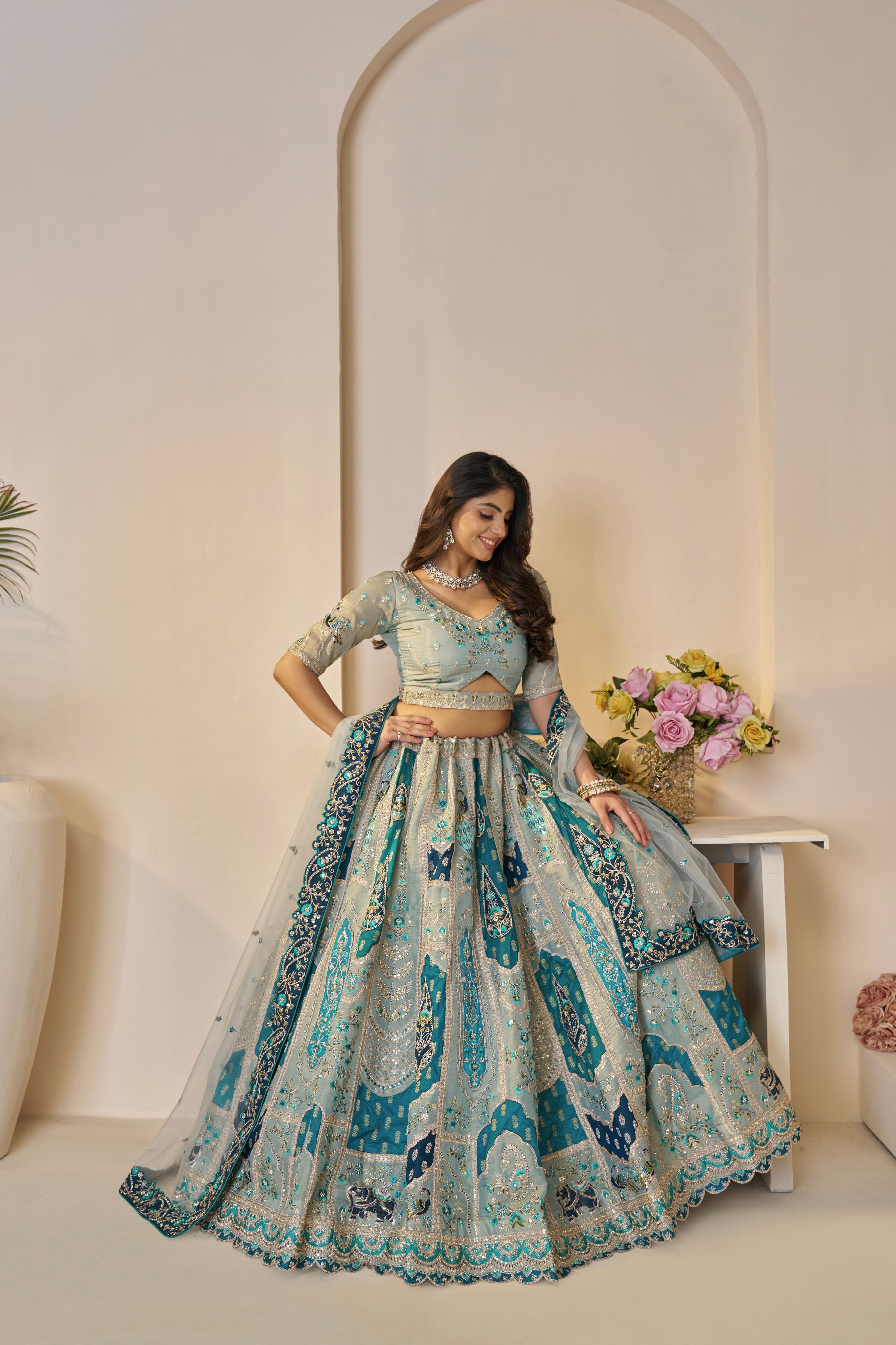 Sky Blue Banarasi Silk Lehenga Set