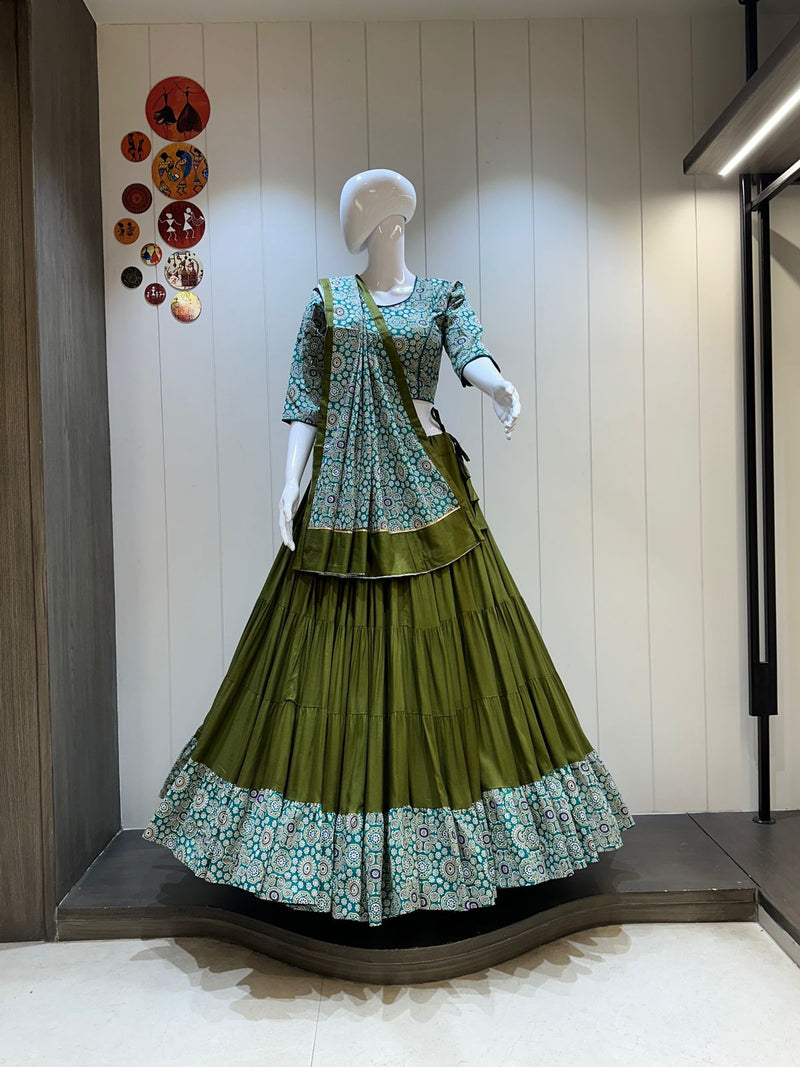 Olive green chaniya choli with printed dupatta

