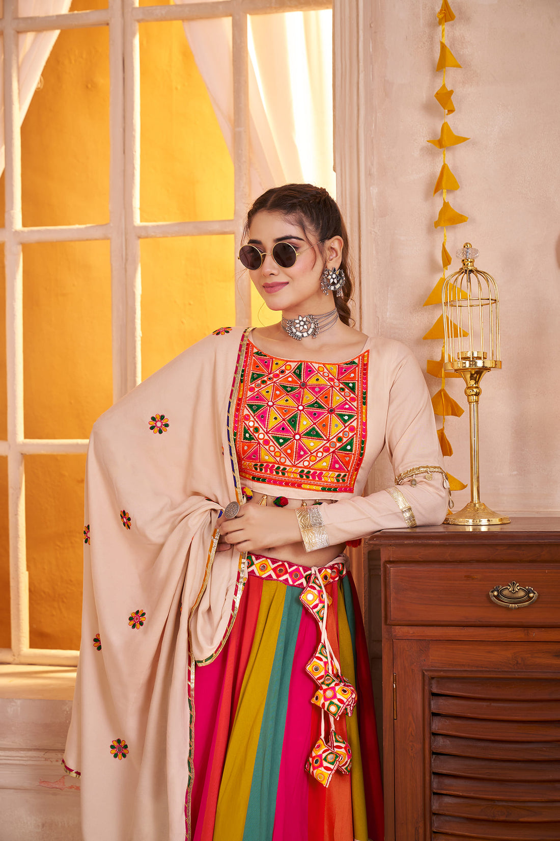 Beige Multicolor Navratri Chaniya Choli with Mirror Embroidery