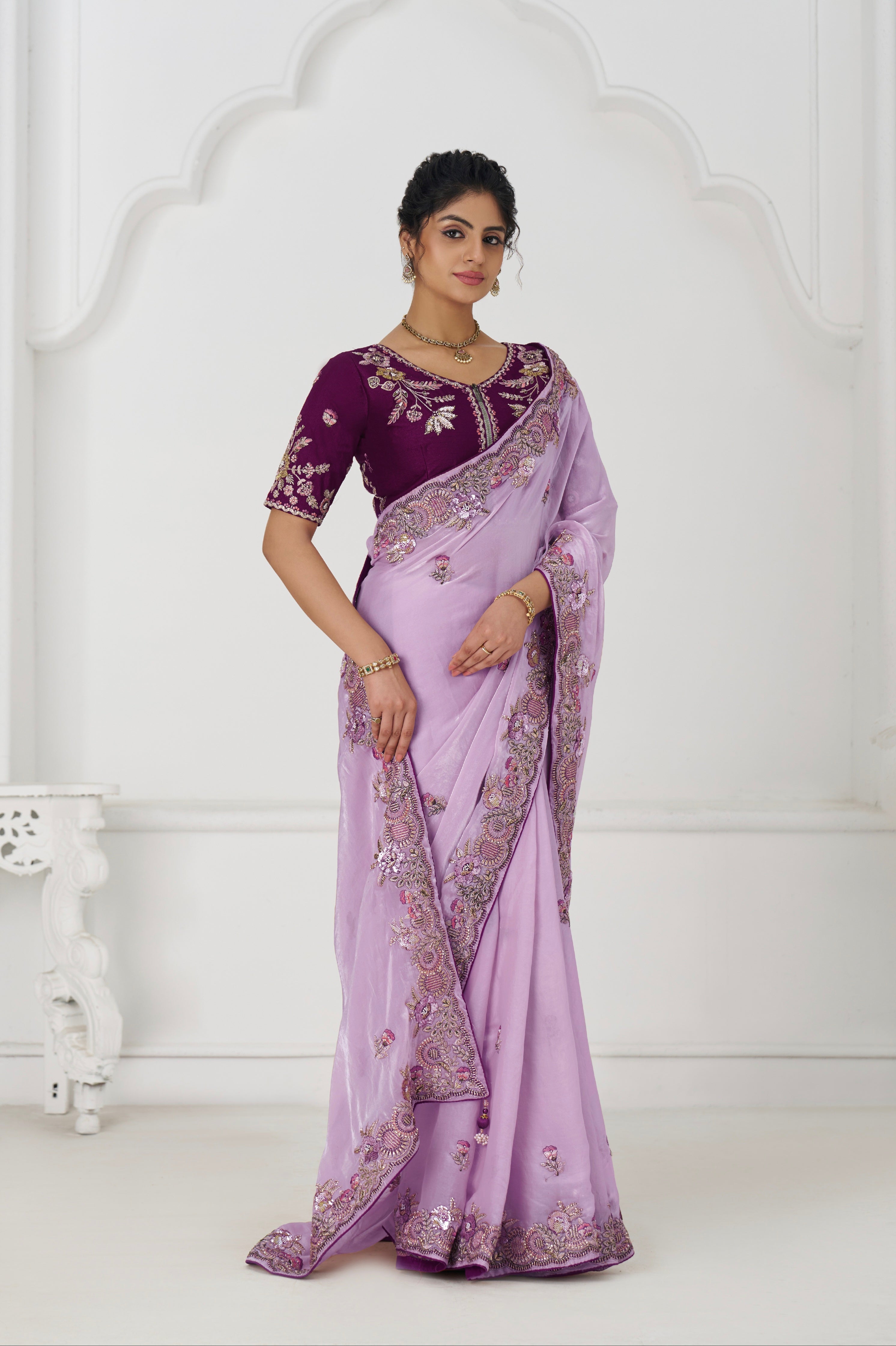 Mauve Fendi silk saree with zari embroidery