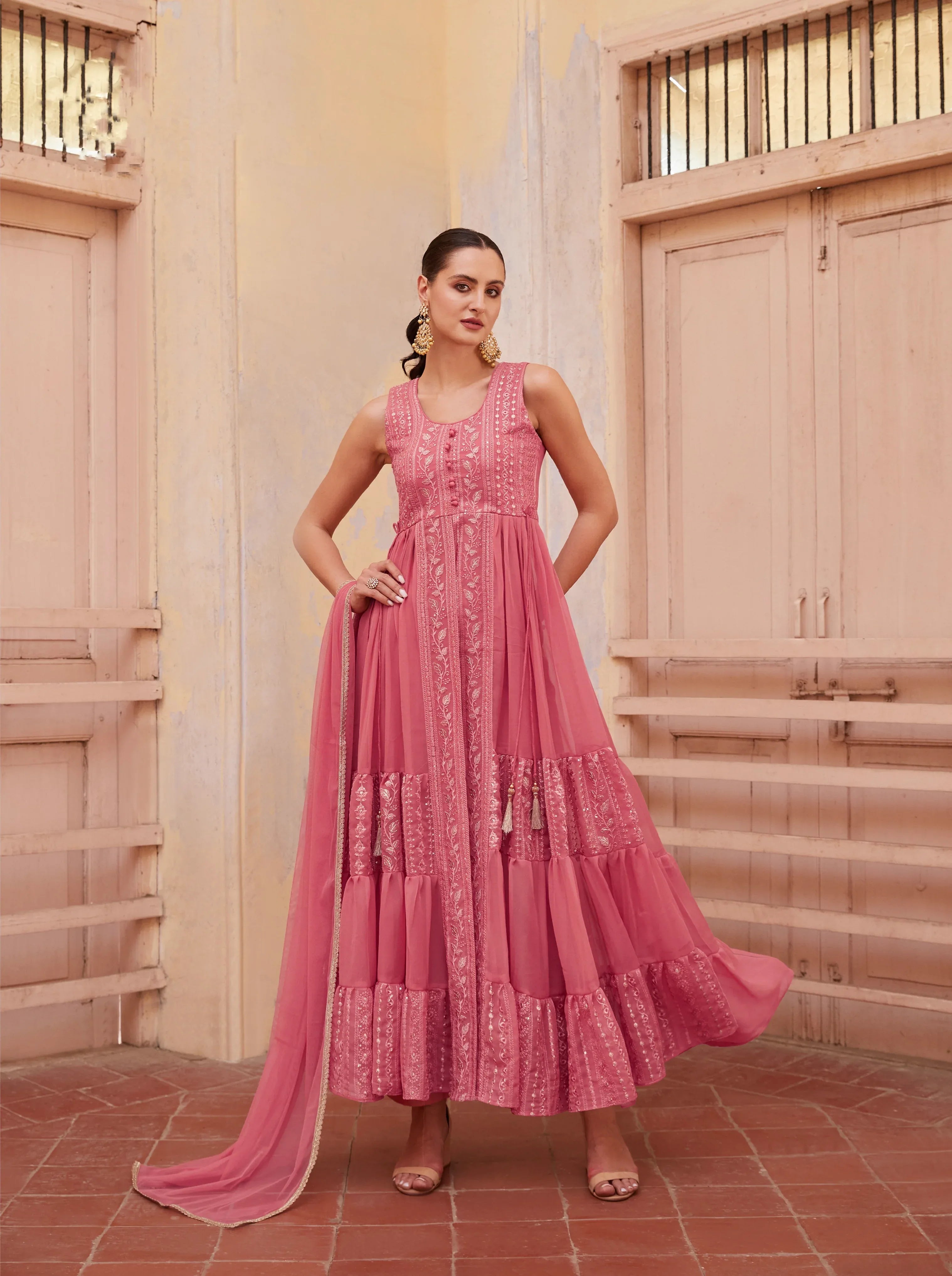 Gajri Anarkali Gown In Georgette With Thread &amp; Zari Embroidery