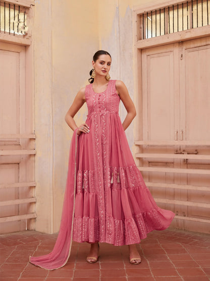 Gajri Anarkali Gown In Georgette With Thread &amp; Zari Embroidery