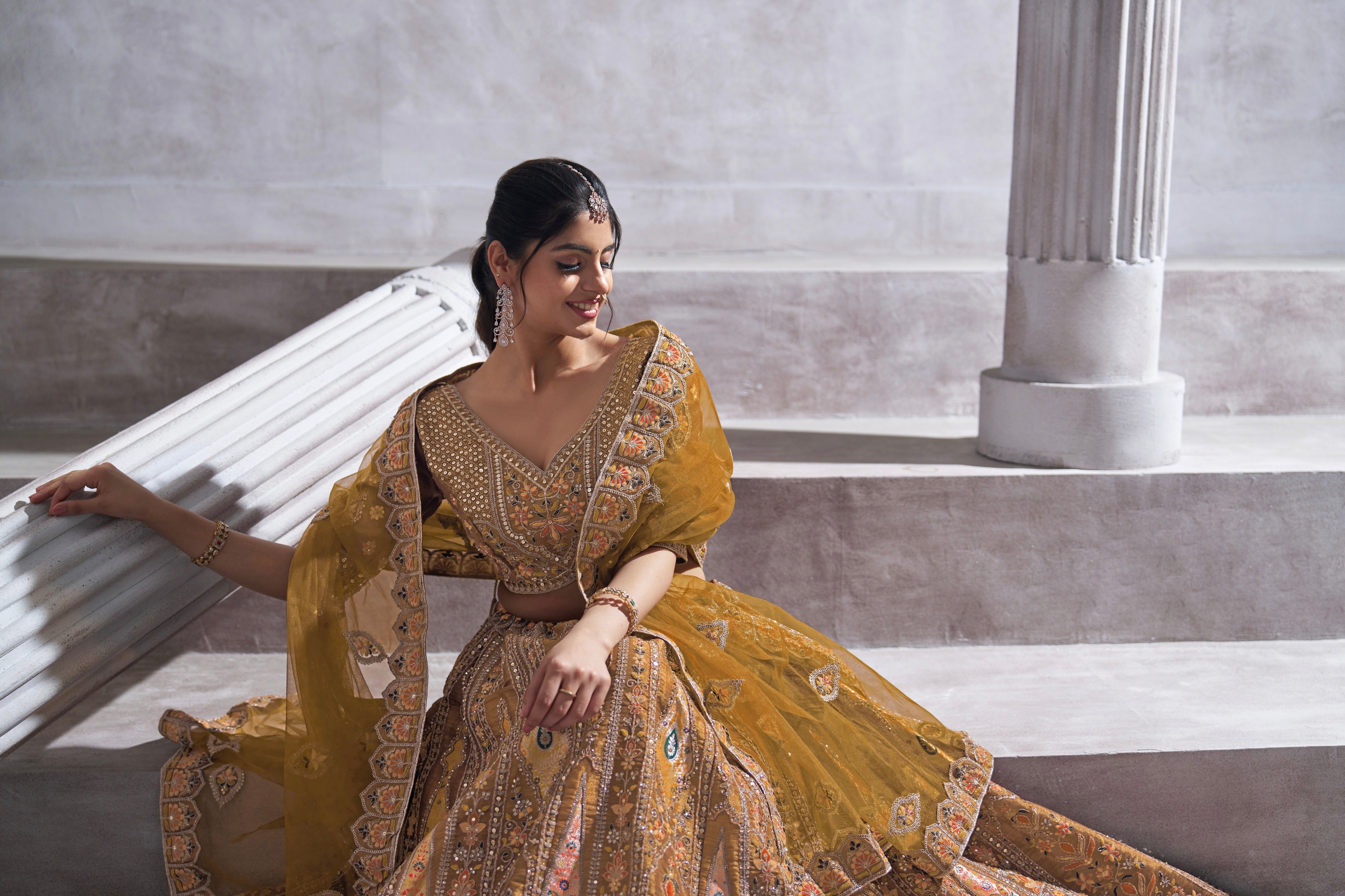 Mustard Banarasi Silk Lehenga with Aari Embroidery