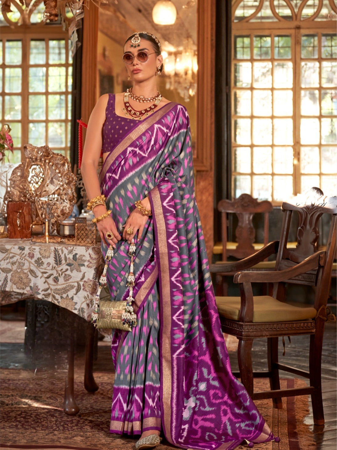 Lilac & Silver Designer Patola Silk Saree