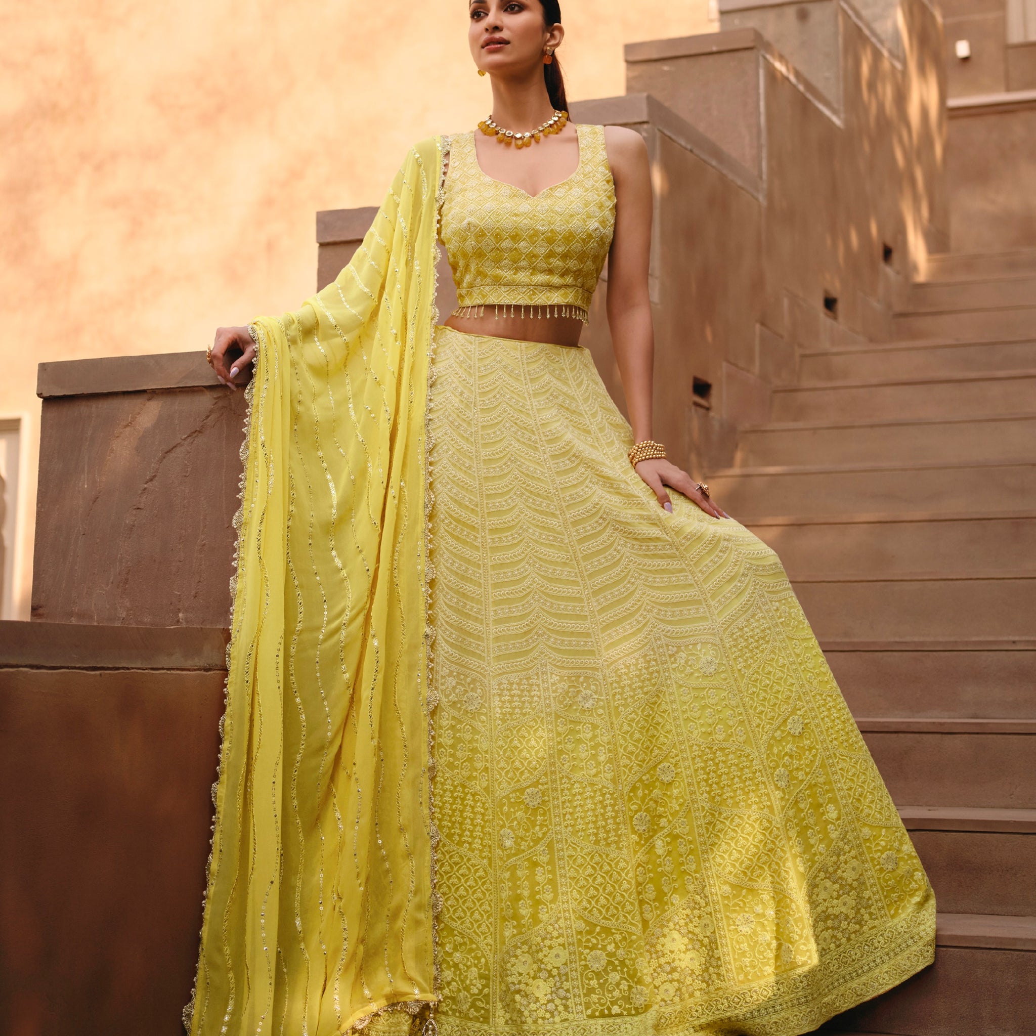 Yellow Embroidered Crop Top and Skirt Lehenga Set